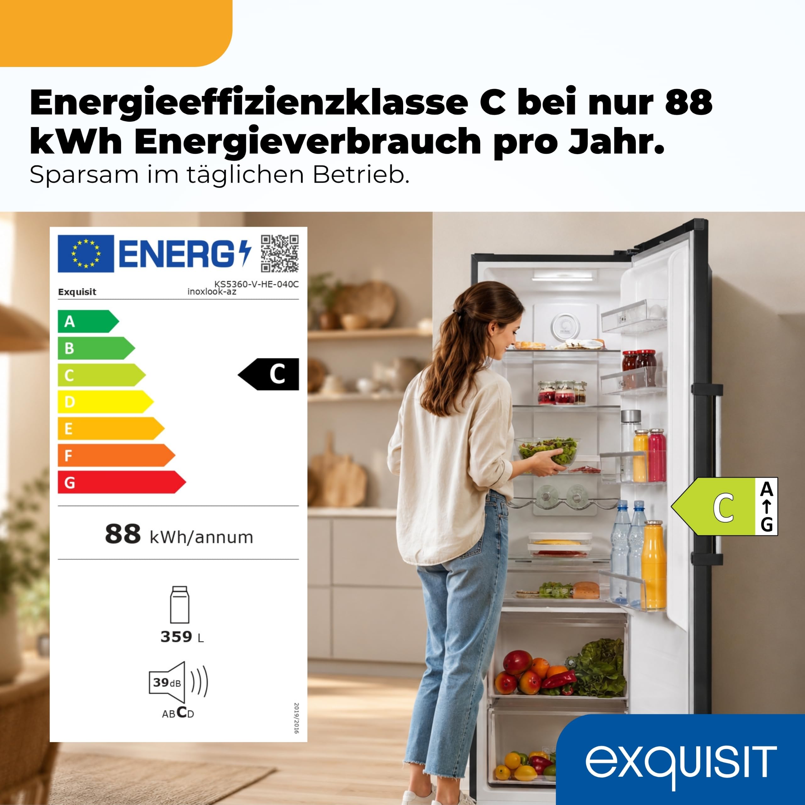 Exquisit Vollraumkühlschrank 359 l No Frost | Energieklasse C | Super-Kühlen | digitale Temperaturanzeige | LED-Beleuchtung | KS5360-V-HE-040C inoxlook-az | Inoxlook-az