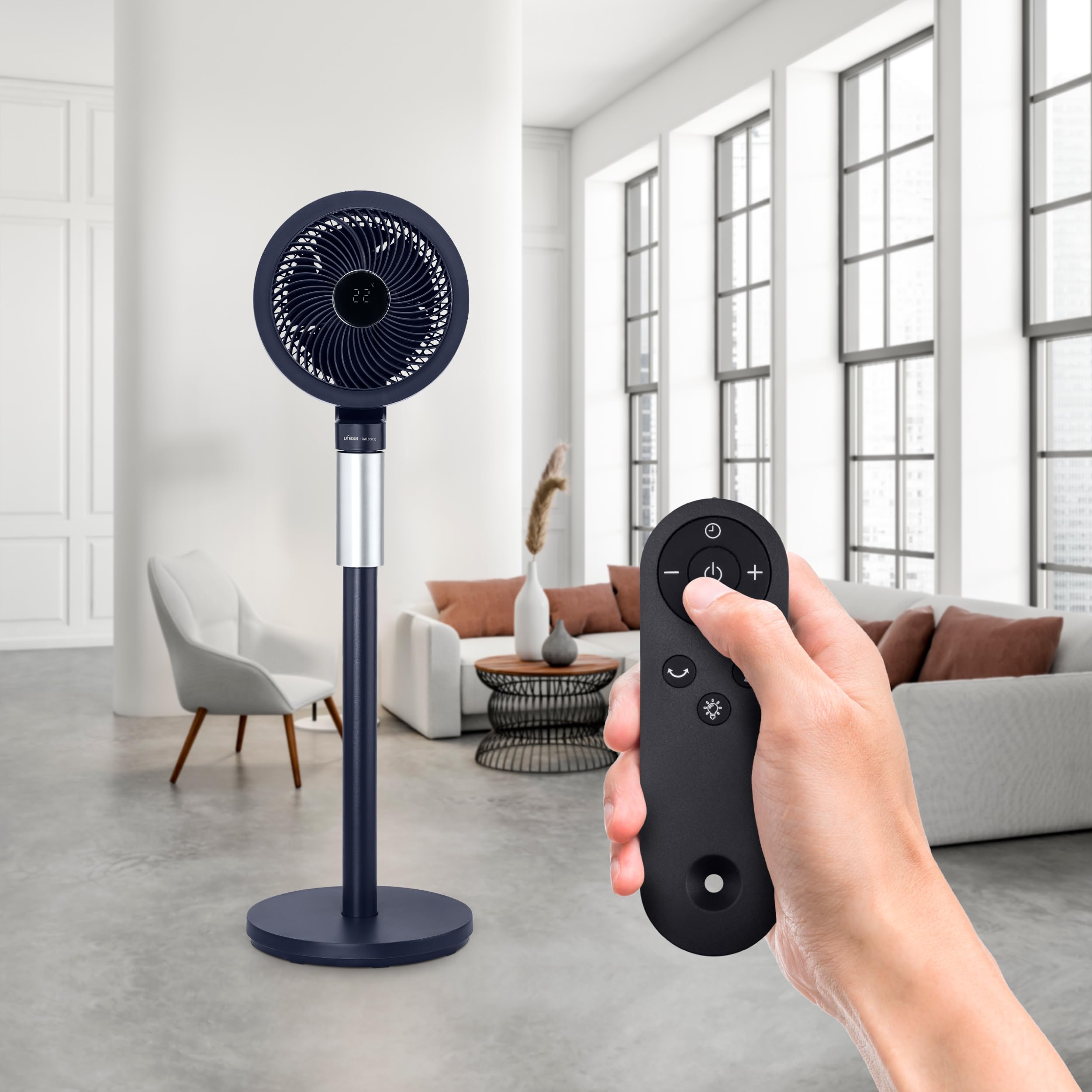 Ufesa 3D70 Ventilador Circulador de Aire con Oscilación 3D 360º, Multidireccional, 70W, 3 Velocidades, 3 Modos, 1m Altura, Temporizador, Mando a Distancia, Pantalla LED
