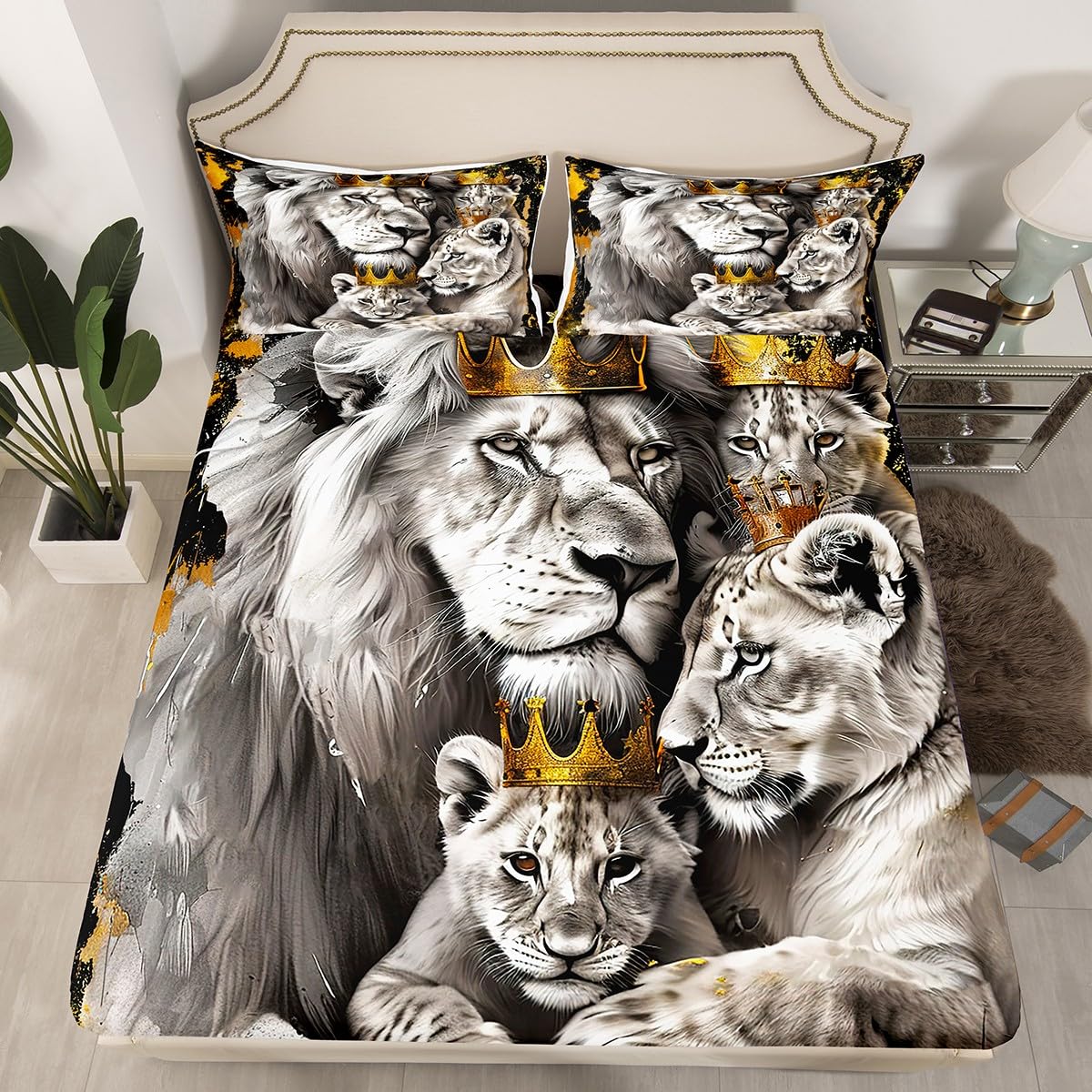 Manfei Lion Family Kids Fitted Sheet Twin Size Gold King and Queen Crown Bedding Set Boys Men Room