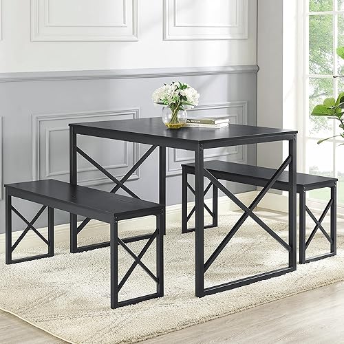 Miniatura 7 de VECELO Mesa de cocina con 2 bancos para 4, juegos de comedor de madera con marco de metal para rincón de desayuno y espacio pequeño, color negro