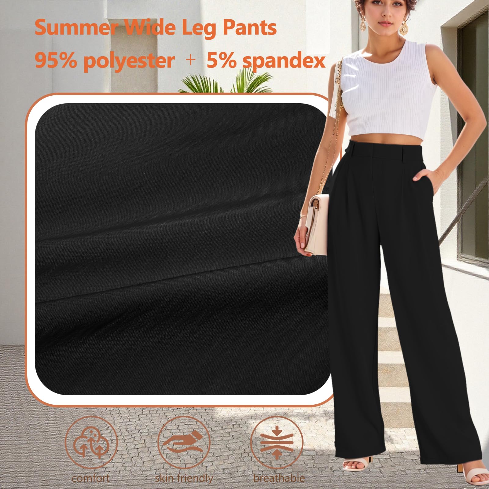 Pantalon Fluide Femme Eté Taille Haute Léger Pantalon à Jambe Large Chic et Elegant Elastique Ample Décontractée Travail Droit Pants Longueur avec Poches