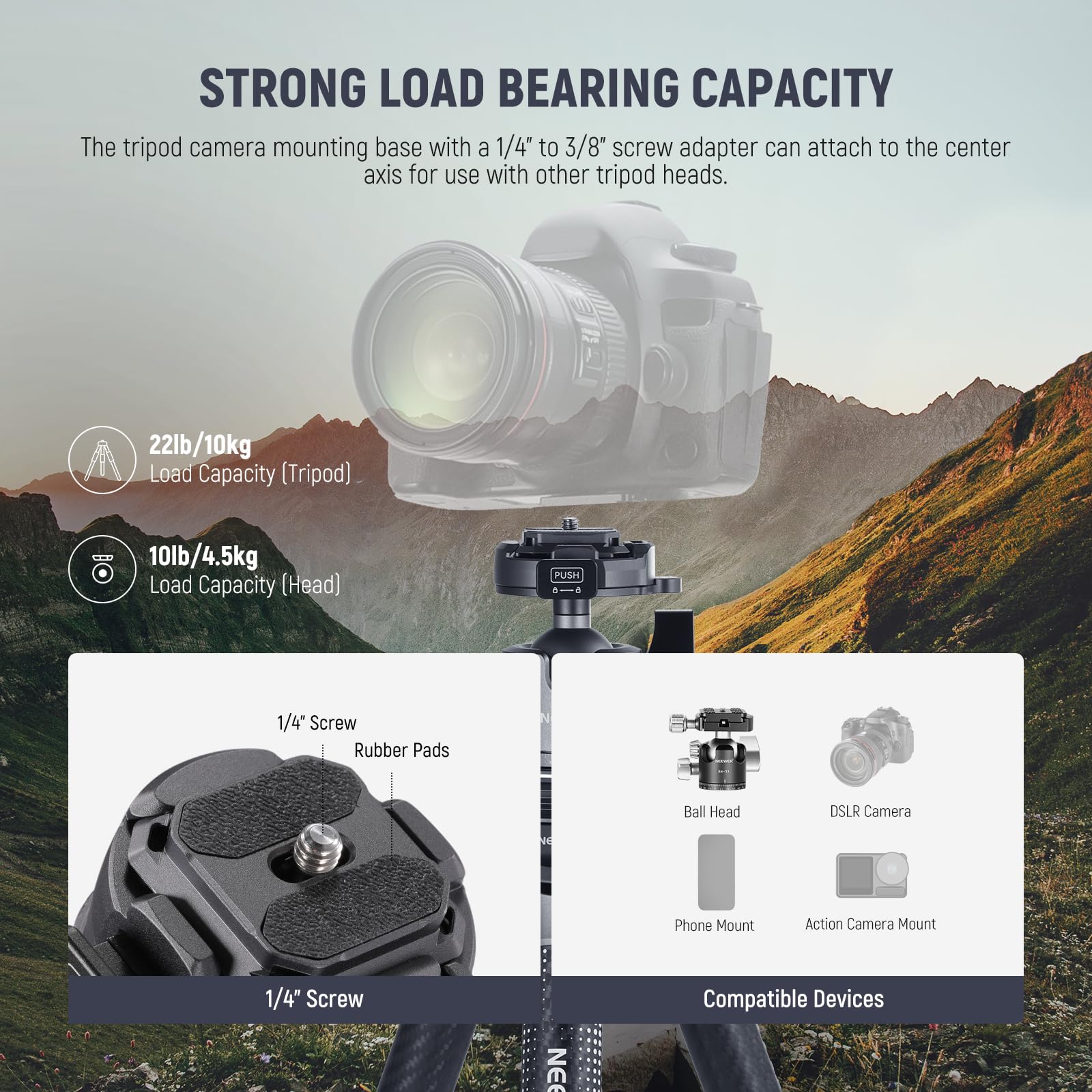 NEEWER LITETRIP 62" Trípode Viaje Cámara, Soporte Portátil Fibra Carbono con Nivelación ±15° Extraíble 360° Rótula Pan, Carga Máx 22lb/10kg, Placa Arca QR Compatible con Peak Design Capture V3, LT34