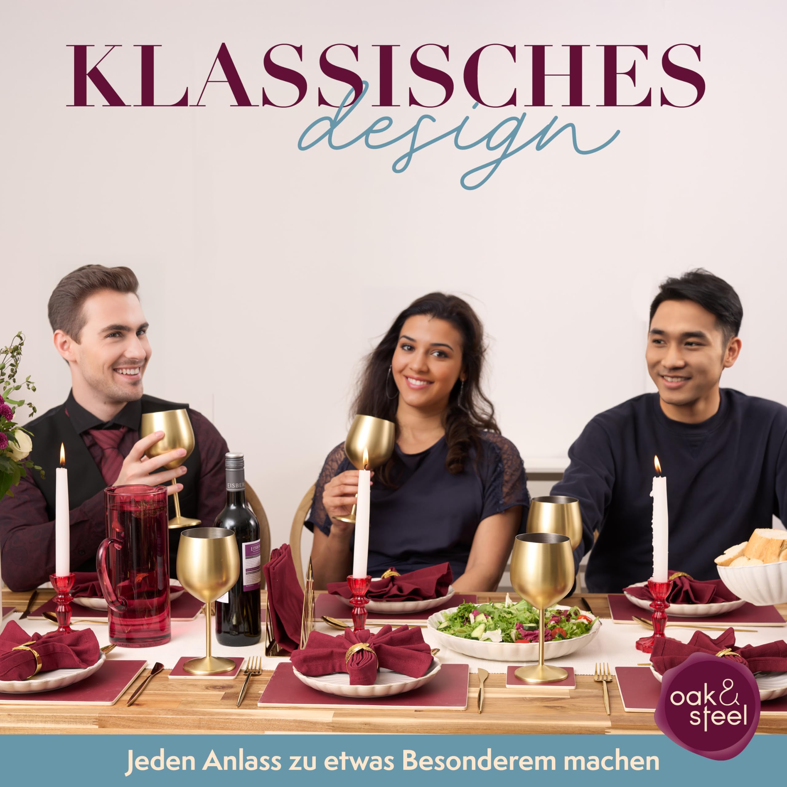 Oak & Steel - 4 Edelstahl Weingläser (540ml) - Gold Matte - Robust & Unzerbrechlich - Geschenkset für Geburtstage, Hochzeiten & Weihnachten