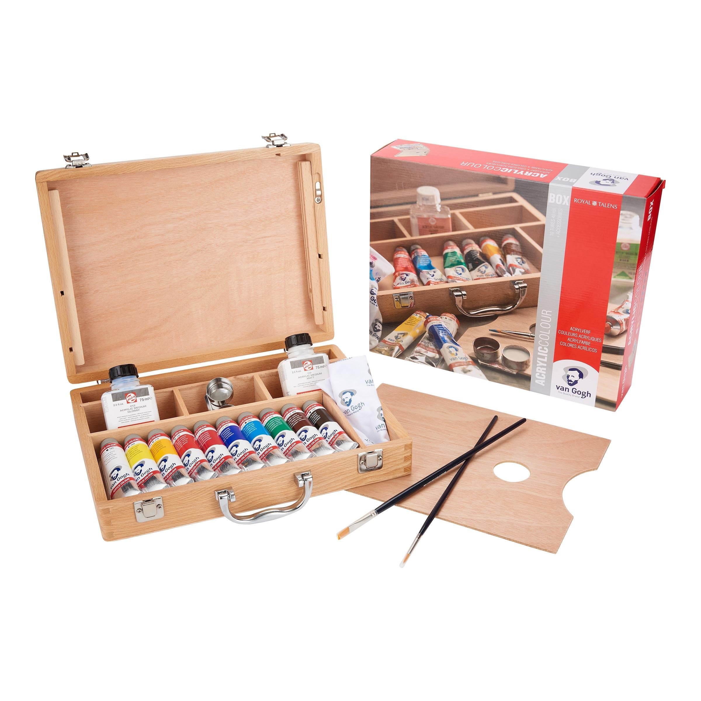 CAJA ACRILICO VAN GOGH BASICA - Set de pinturas acrílicas en una caja de madera básica con 10 colores en tubos de 40 ml + accesorios