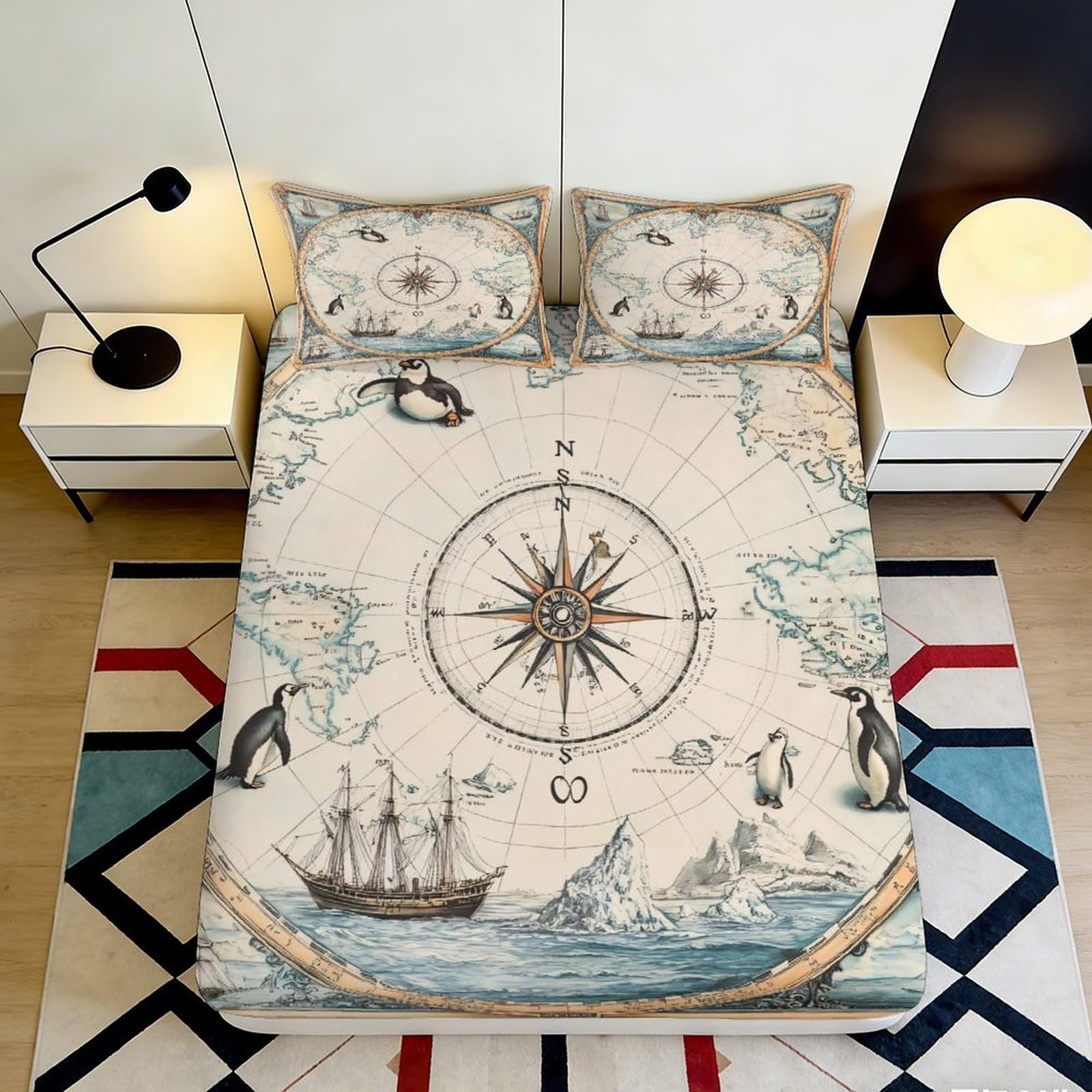 3D Printed Vintage Nautical Map Fitted Sheet Microfiber Soft Ocean Compass Mattress Cover Bedroom Decor 90x200x25cm