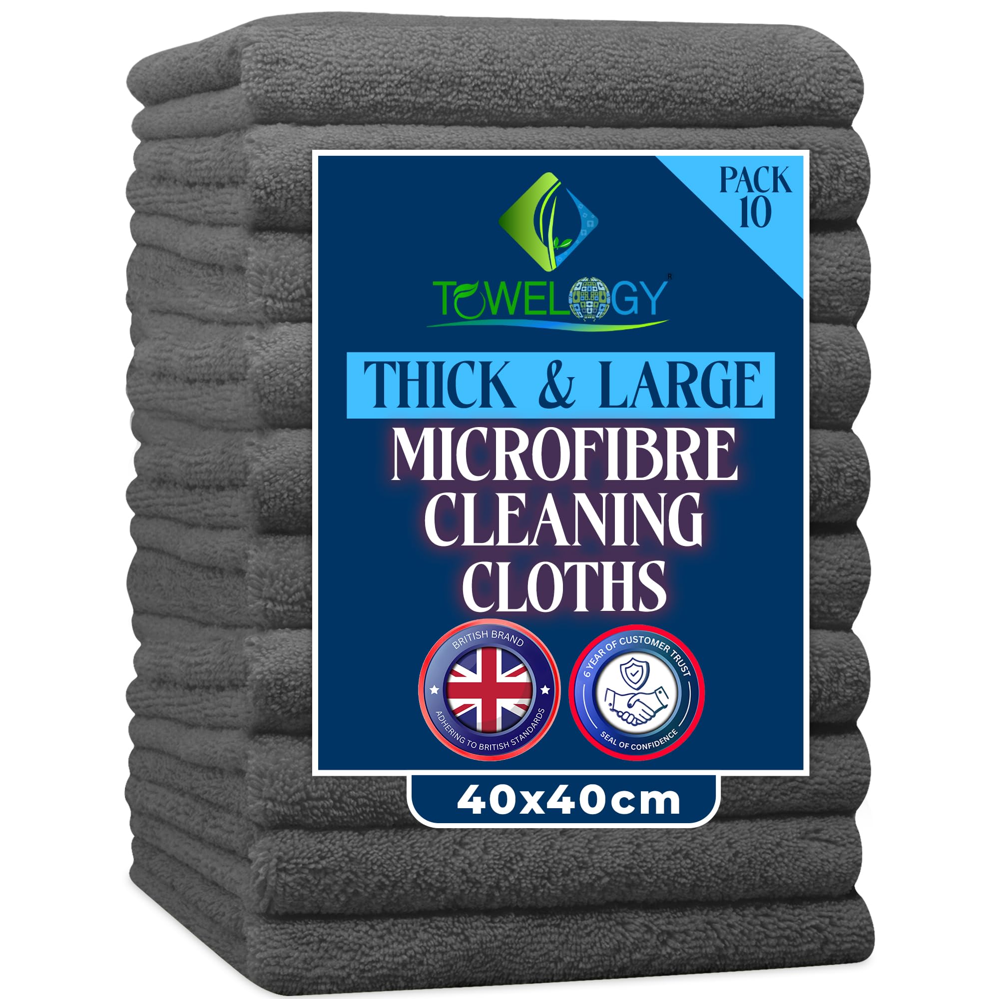 Towelogy® Heavy Duty Microfibre Cleaning Cloths for Home All Purpose - Larger, Thicker, More Absorbent Cleaning Cloth - 100% Lint Free Micro Fibre Cloths for Kitchen, Bathroom and Car (Charcoal Grey)