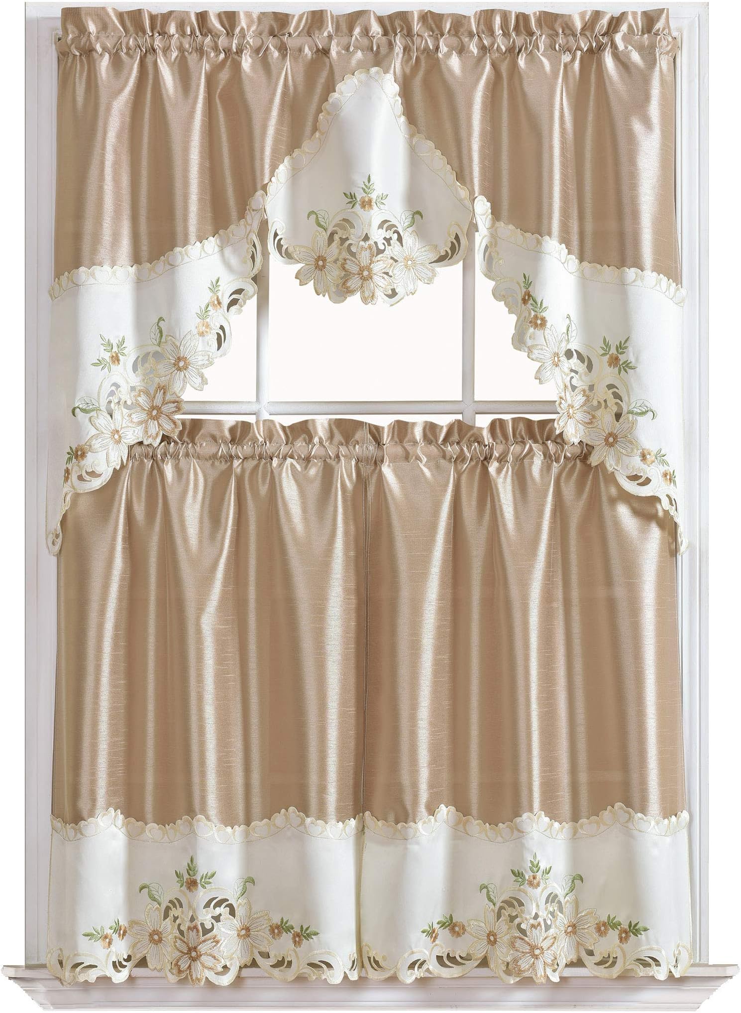 GOHD Arch Floral Kitchen Curtain Set/Swag Valance & Tier Set. Nice Matching Color Floral Embroidery on Border with cutworks (Beige)