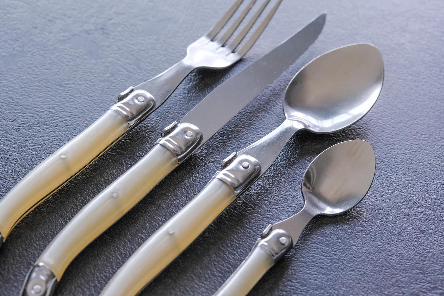 Laguiole Heritage Dinnerware Set; Luxury French Flatware in Premium Stainless Steel with Ergonomic ABS Handles; Features 6 Steak Knives, Forks, Tea/Coffee & Dessert Spoons, Ivory, 24-Piece