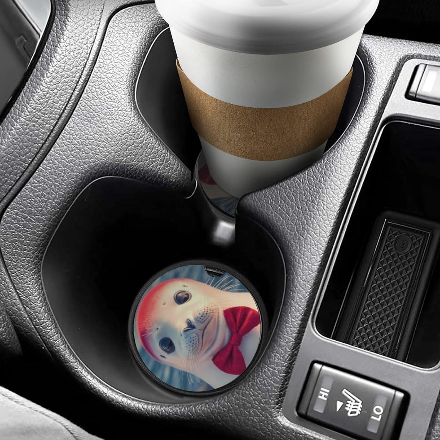 Cute White Seal with Bow Tie Cute Car Coasters 2.56 Inch Absorbent Cup Holder for Drinks Auto Interior Accessories