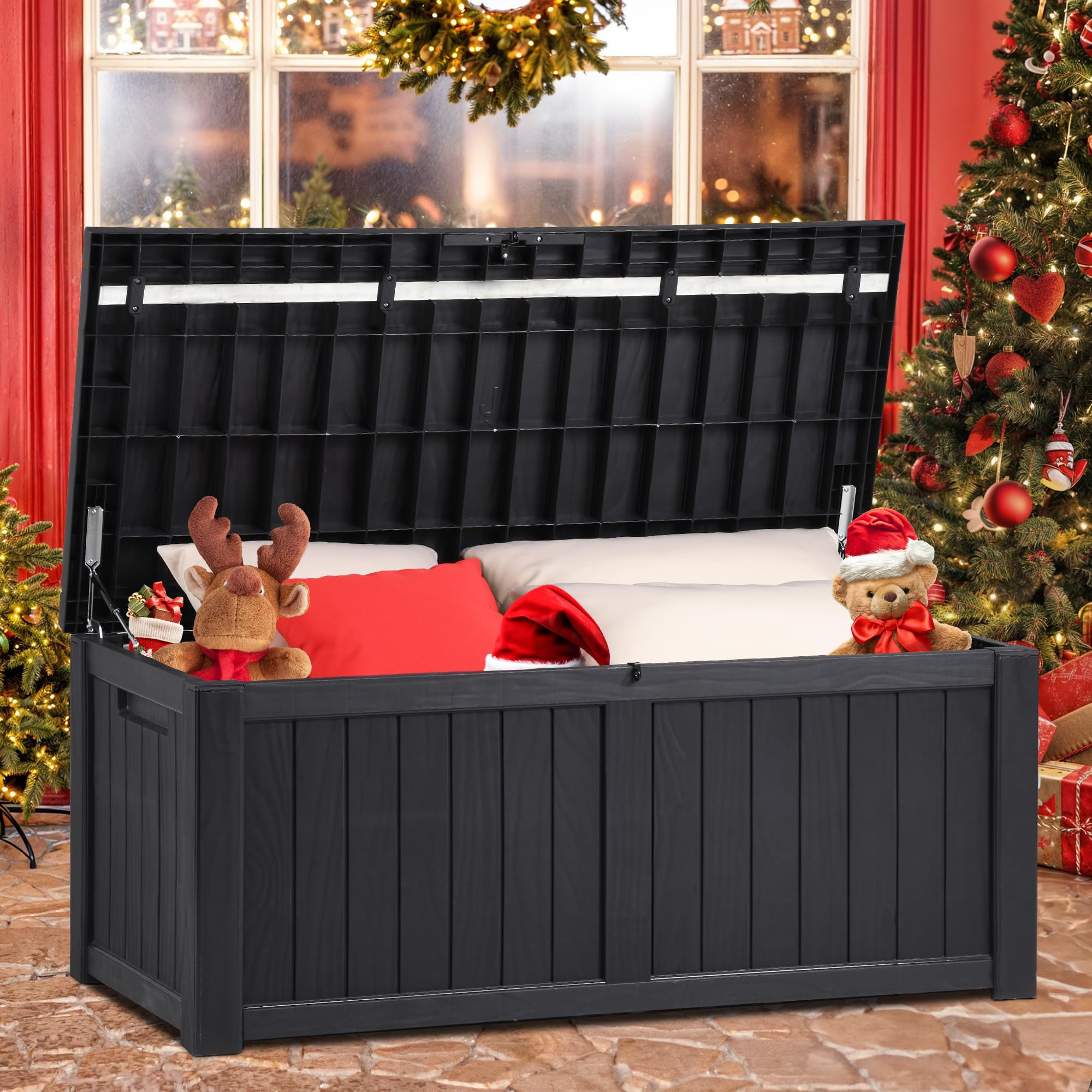 YITAHOME Heavy Duty 450L Large Resin Deck Boxes, Garden Storage Box Waterproof, Weather Resistant Durable Garden Storage Box, Outdoor Cushions, Lockable, Outdoor Storage Container, 140x66x59cm (Black)