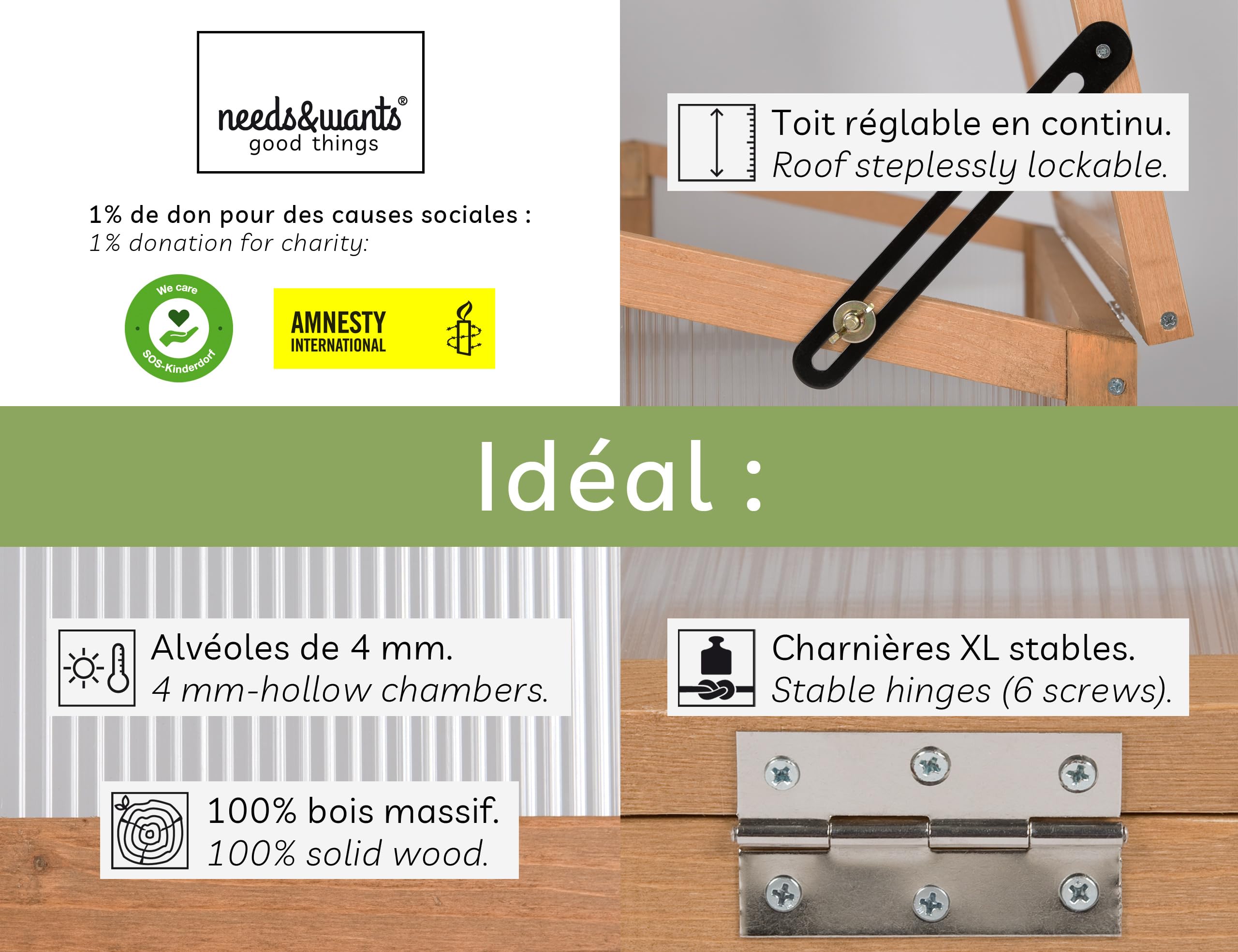 needs&wants® Kit de Petite Serre en Bois - Serre de Jardin, avec Couvercle Résistant aux Intempéries pour Jardin, Balcon, Extérieur, 90x82x32 cm, Polycarbonate, Brun Foncé