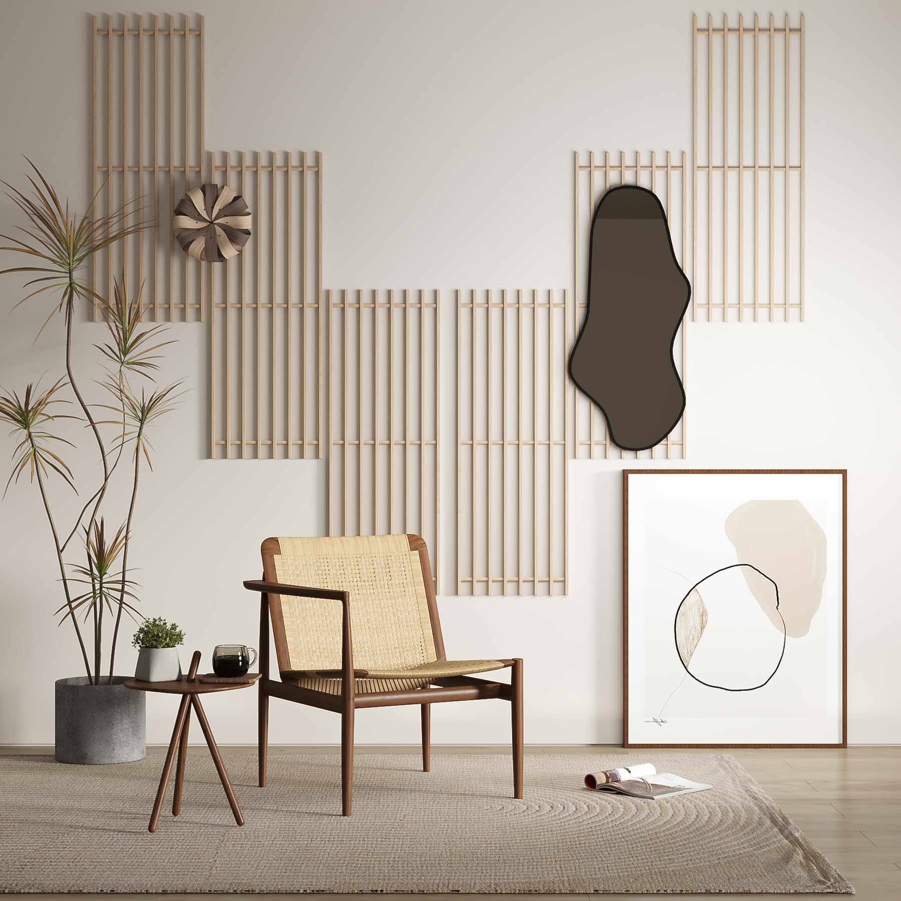 Wandpaneele aus Echtholz, 6er Set, Akustikpaneele, Handgefertigte Holzpaneele, Japandi, Skandi-Stil, Lamellenwand, Dekorativ, Einfache Montage, Tapete Alternative (Naturfarben)
