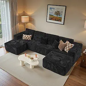 ovios Sectional Cloud Couch for Living Room, Modular Floor Sofa with Plush Corduroy, No Assembly Required, Big Comfy Couches Set with Fluffy Memory Foam, Stupendous U Shaped Sofas with Chaise, Black