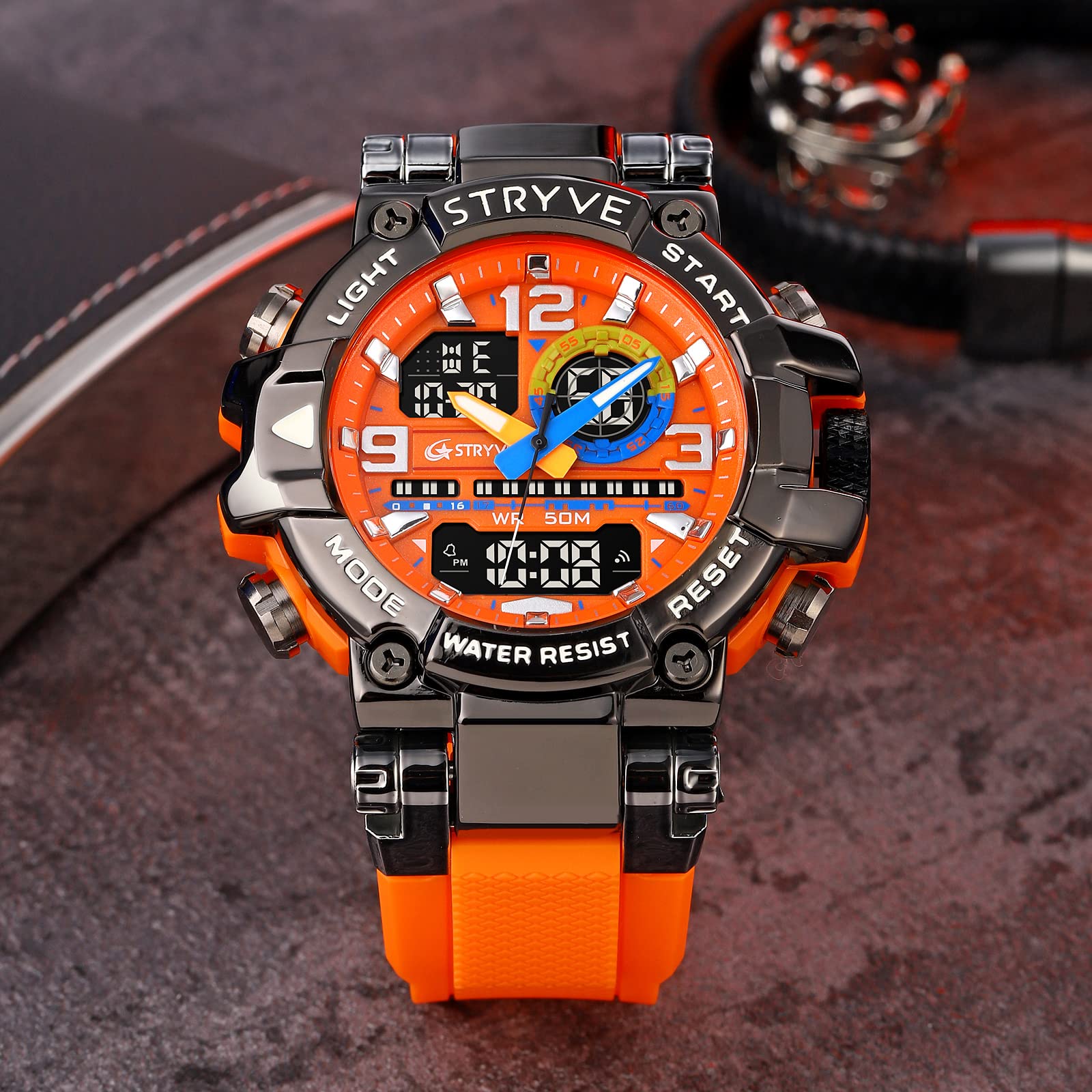 MASTOP Montre de sport colorée pour homme - Grand cadran - 55 mm - Étanche jusqu'à 50 m - Étanche jusqu'à 50 m - Style militaire - Affichage de la date - Alarme LED - Robuste - Pour l'entraînement, la