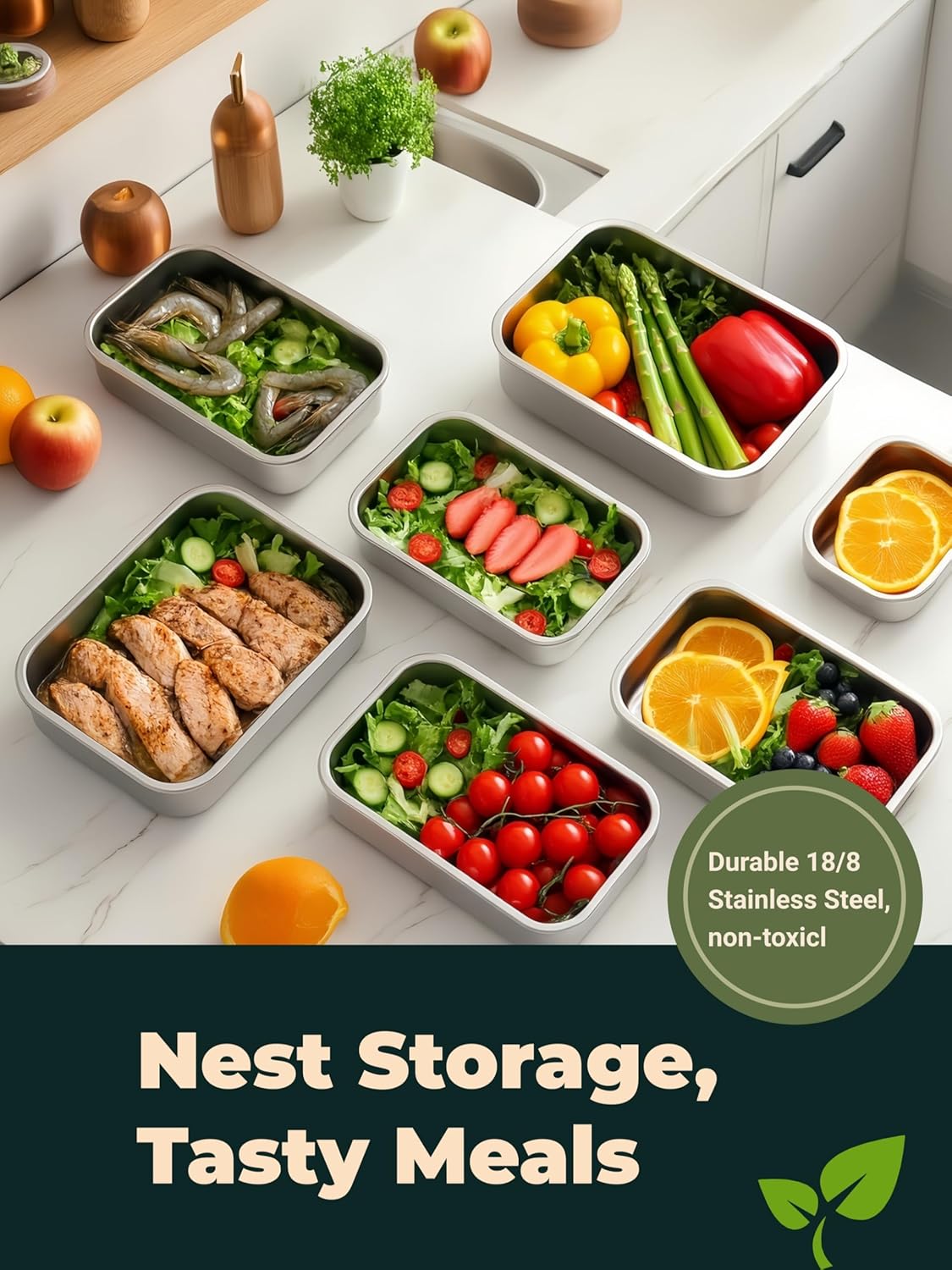 Stainless Steel Food Storage Containers, Airtight with Vacuum Seal, Set of 3 (22/44/82 oz), Stackable,Dishwasher&Freezer Safe for Meal Prep and Leftovers Storage - Image 2