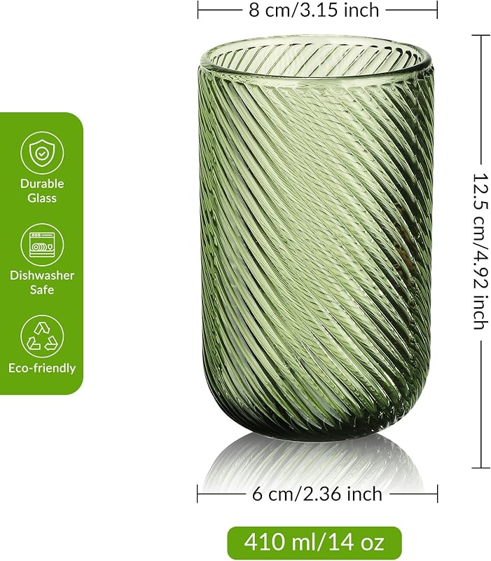Set de 4 pahare vintage colorate Joeyan, 410 ml, cu model striat în relief, pentru apă, suc, bere, vin, cocktailuri și ceai, compatibile cu mașina de spălat vase