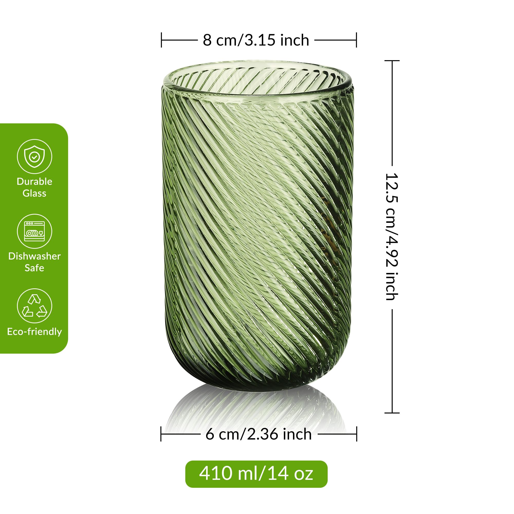 Joeyan Lot de 4 Verres à Eau Vert, 410ml Grande Verres à Jus et Soda, Moderne Verres à Boire Décoré en Strié Relief, Verre de Table Pour Whisky,Cocktail,Thé,Orangeade,Limonade, Lavable Lave-Vaisselle
