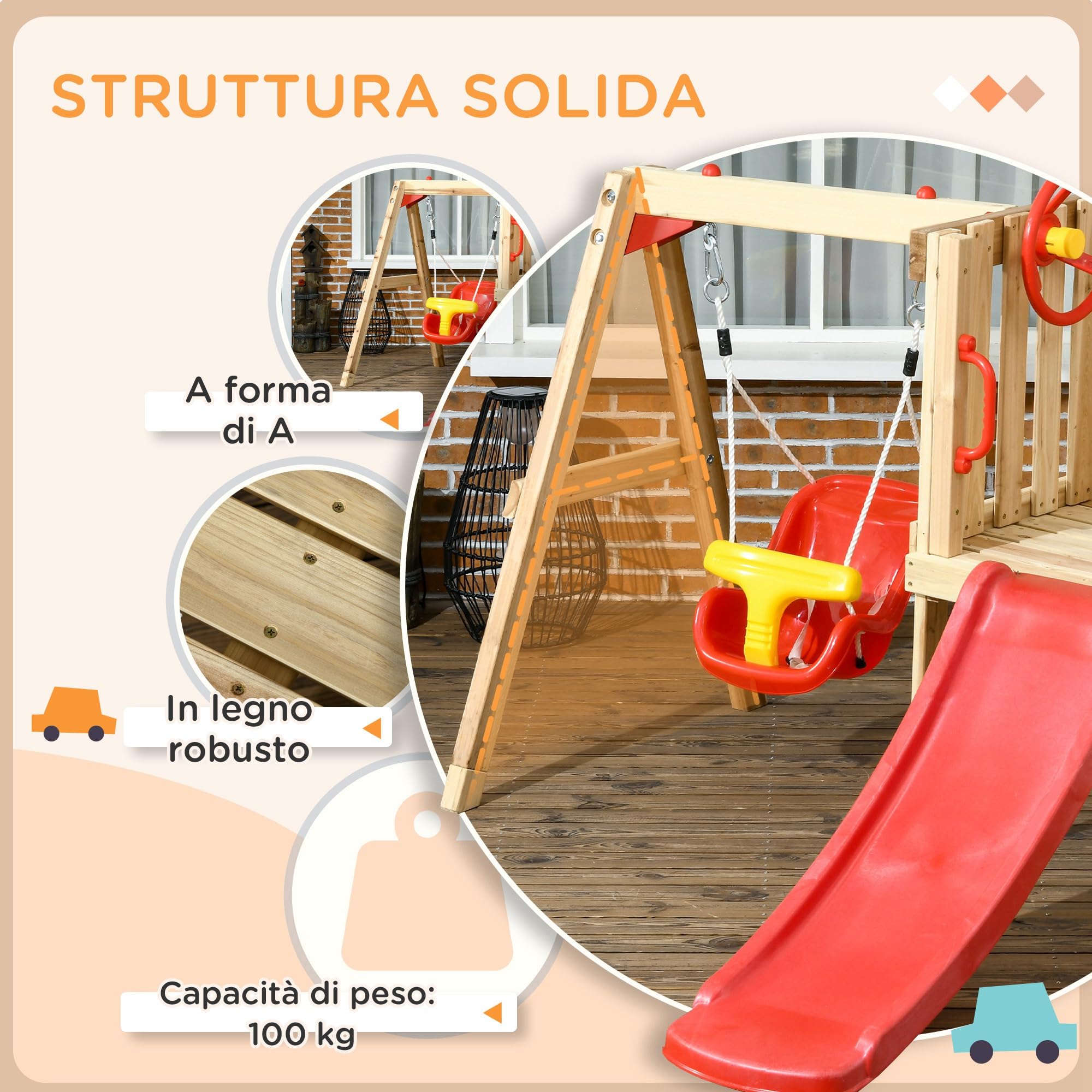 Outsunny Set 4 in 1 con Scivolo, Altalena da Giardino, Volante e Corno Sonoro, Giochi da Esterno per Bambini Età 18-48 Mesi, Struttura in Legno e Plastica, Rosso