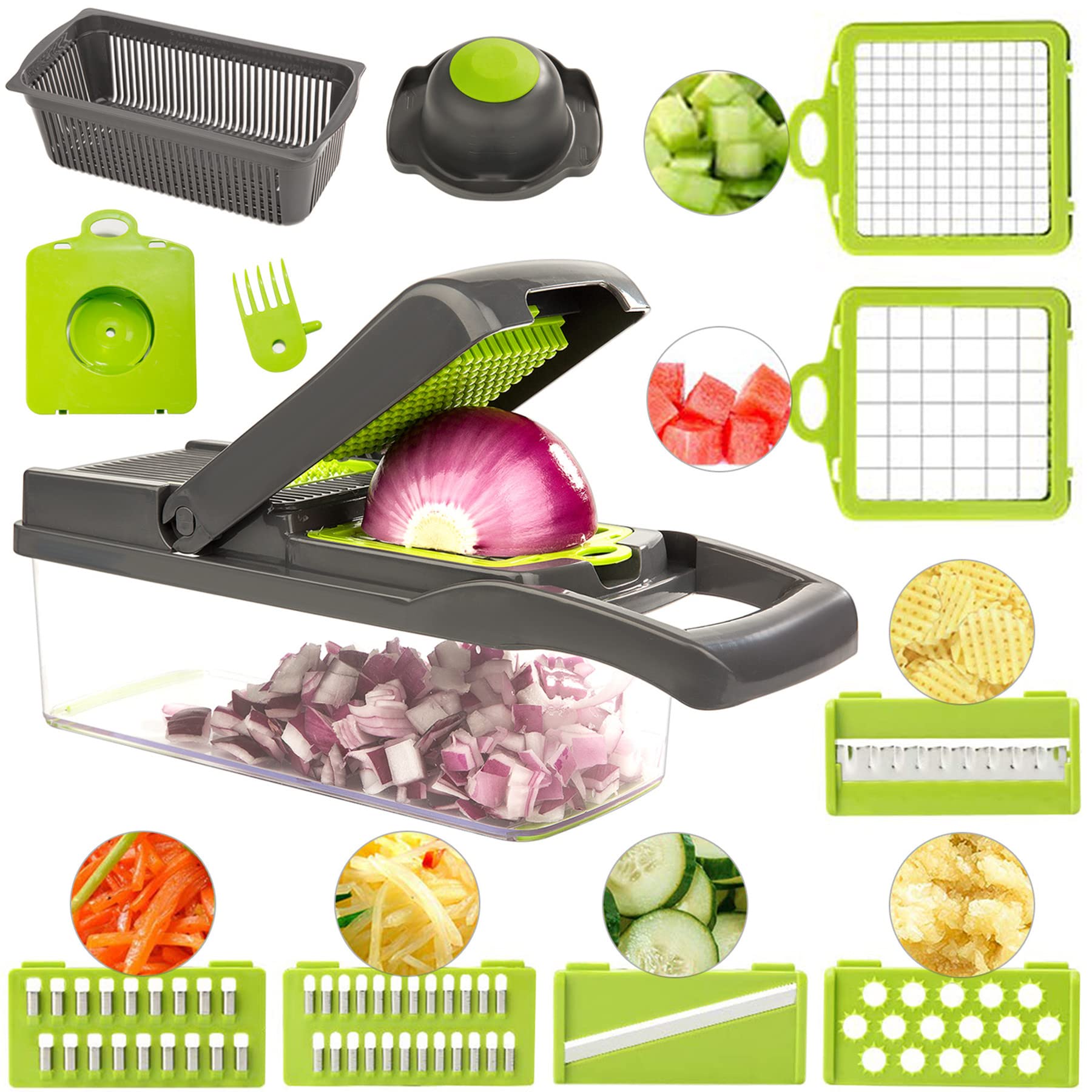 JXFSSYVegetable Chopper - 15 in 1 Newest Design Mandoline Slicer, Mandoline Slicer Adjustable Vegetable Cutter, Vegetable Cutter with Julienne Grater Include Clean Brush and Hand Guard