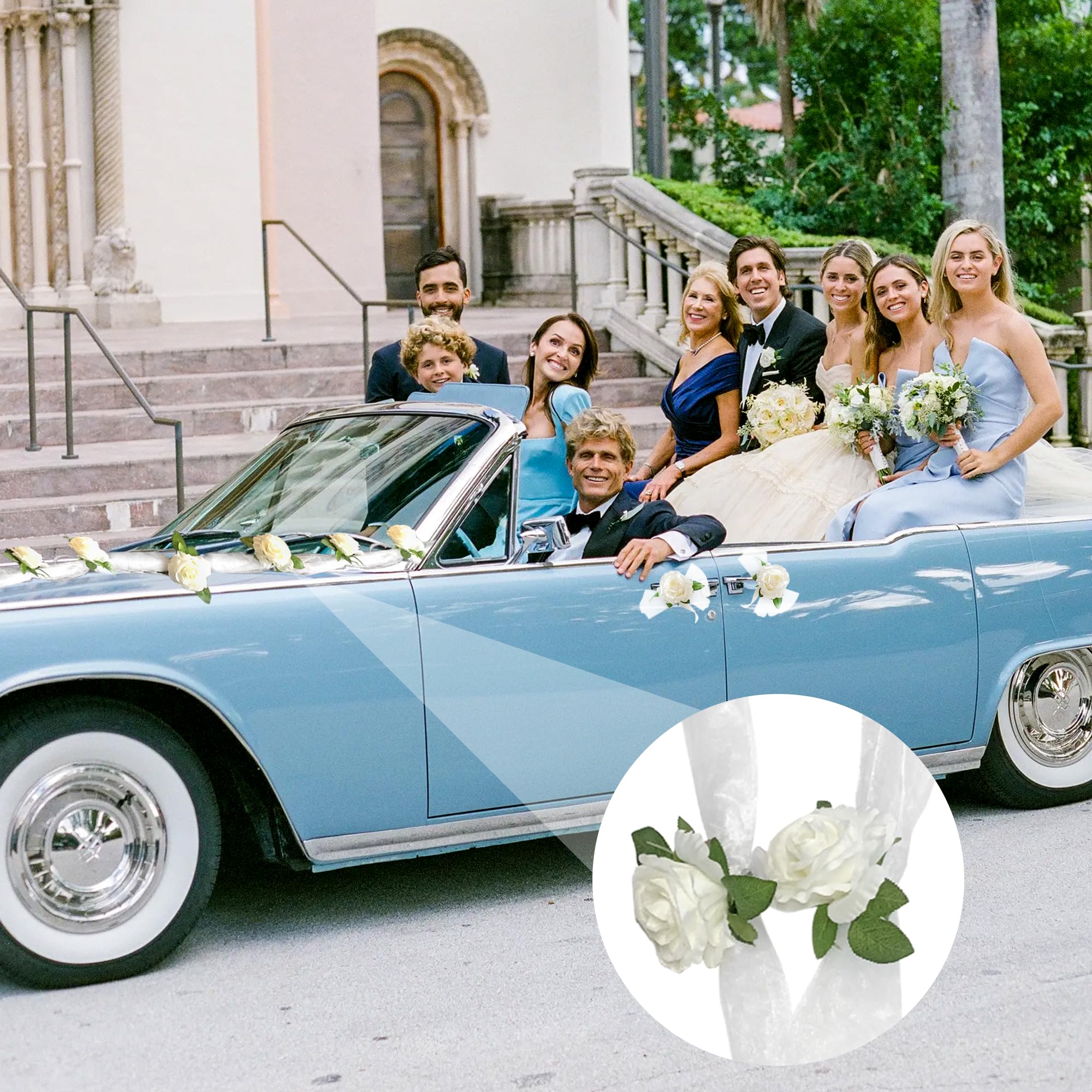 Autoschmuck Hochzeit Motorhaube – 2X 180cm Seidenblumen Girlande Weiß mit Saugnäpfen & 4 Türblüten – Brautauto Deko Set für Türgriffe