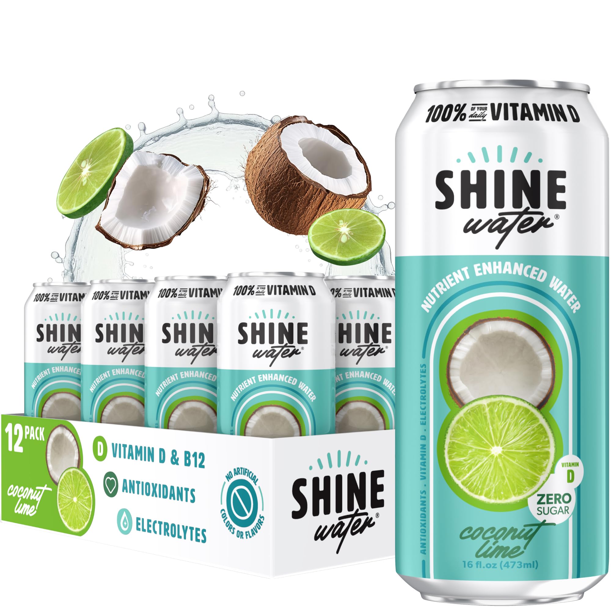 ShineWater Coconut Lime Vitamin D Electrolyte Drinks 12-Pack, Sugar Free Flavored Water with Magnesium, Zinc & Antioxidants, Low Calorie Hydration Beverage, Plant-Based Vitamin Water Zero Sugar