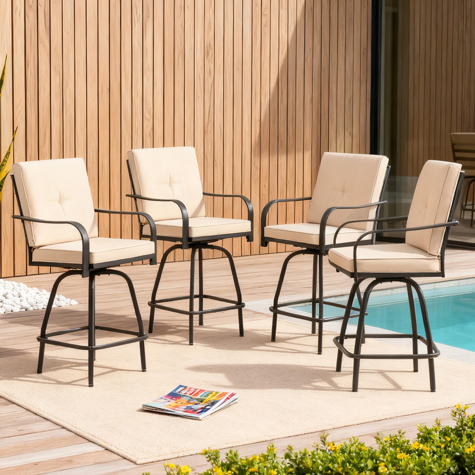 GOOGIC Patio Swivel Bar Stools Set of 4 in beige