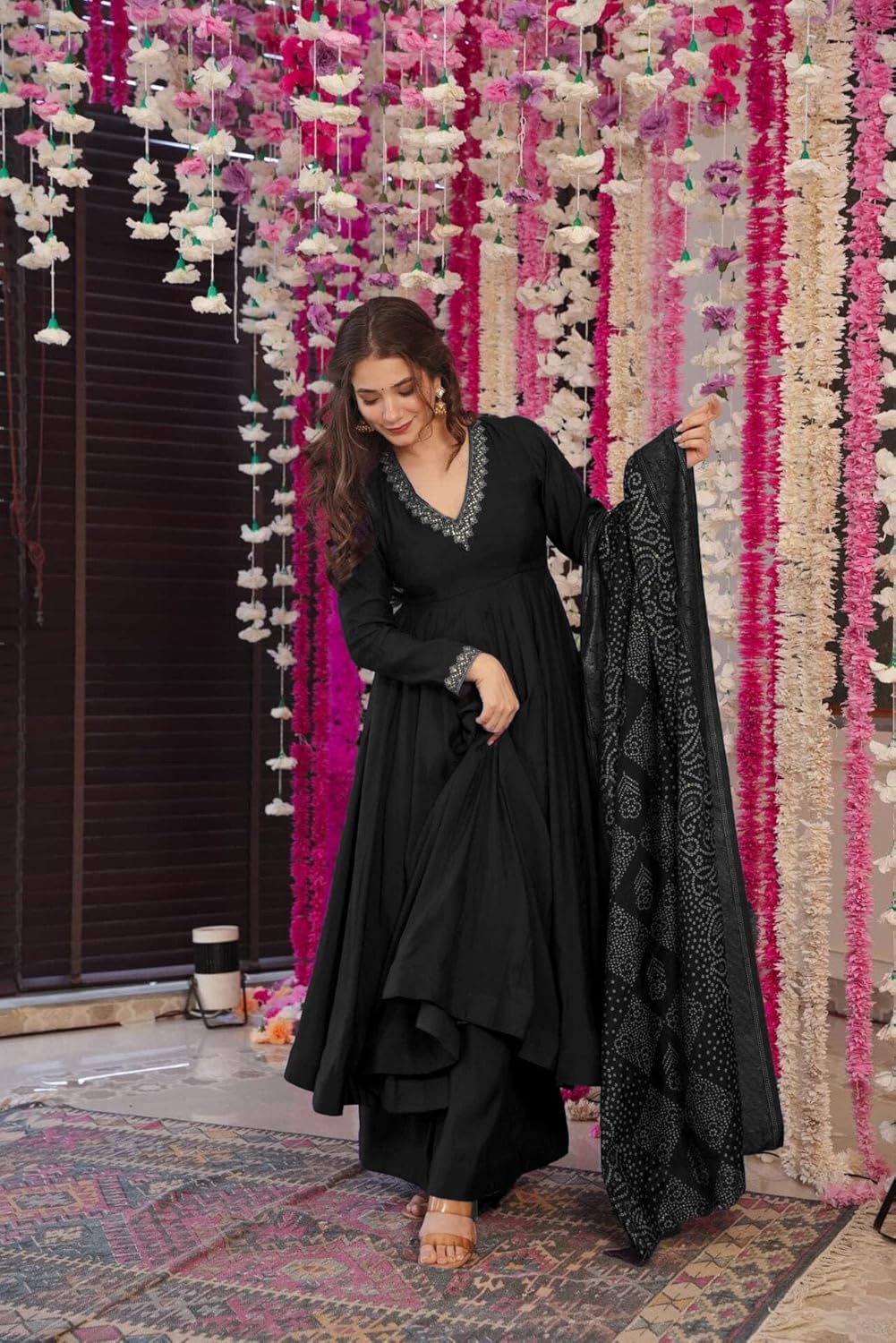 Women’s Flared Anarkali Suit with Dupatta Chinon Indian Ethnic Wear for Weddings Festivals Parties