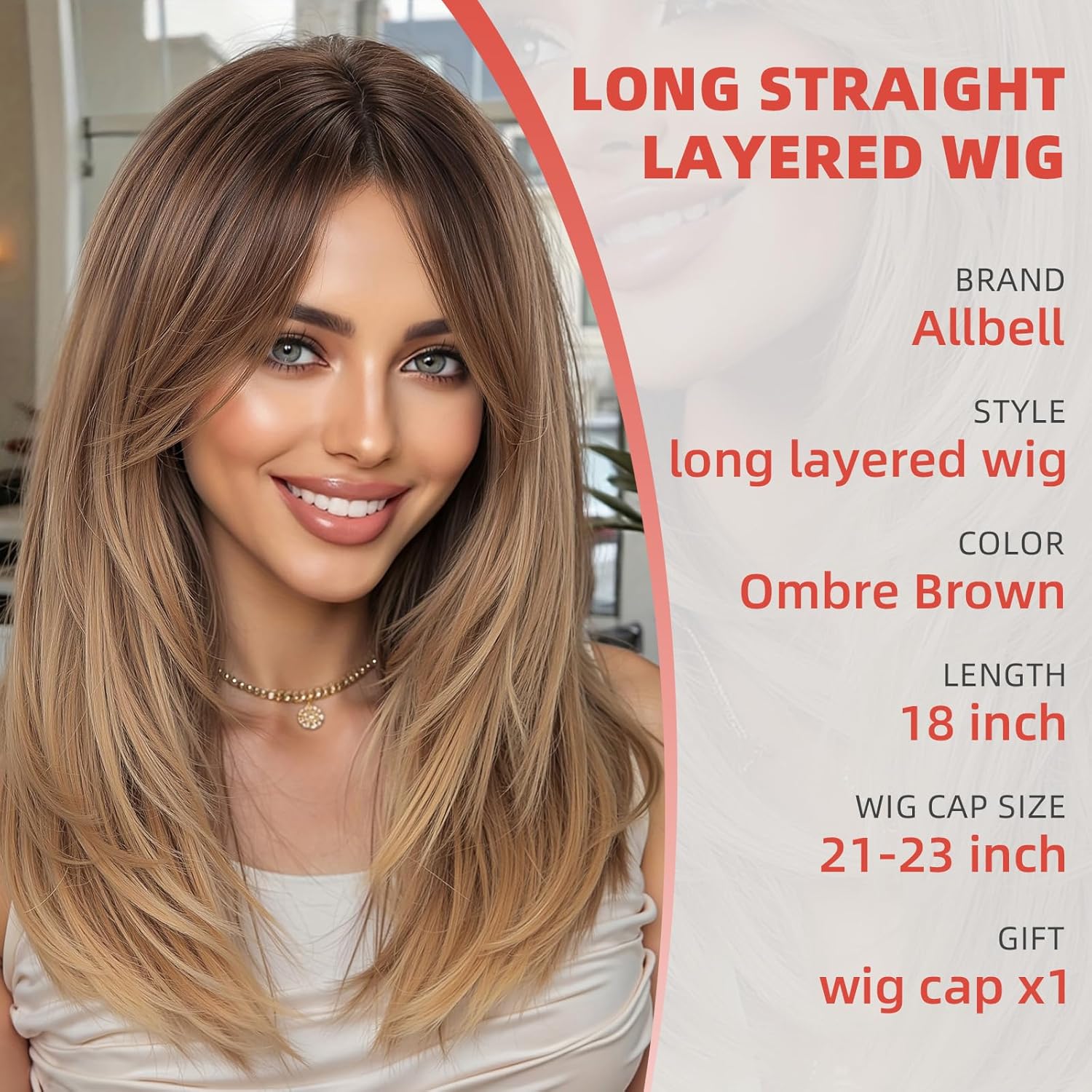 Allbell Ombre Brown Wig with Curtain Bangs Medium Length Layered Bob Hair Wig for Women Heat Resistant Synthetic Wigs for Daily Use - Image 6