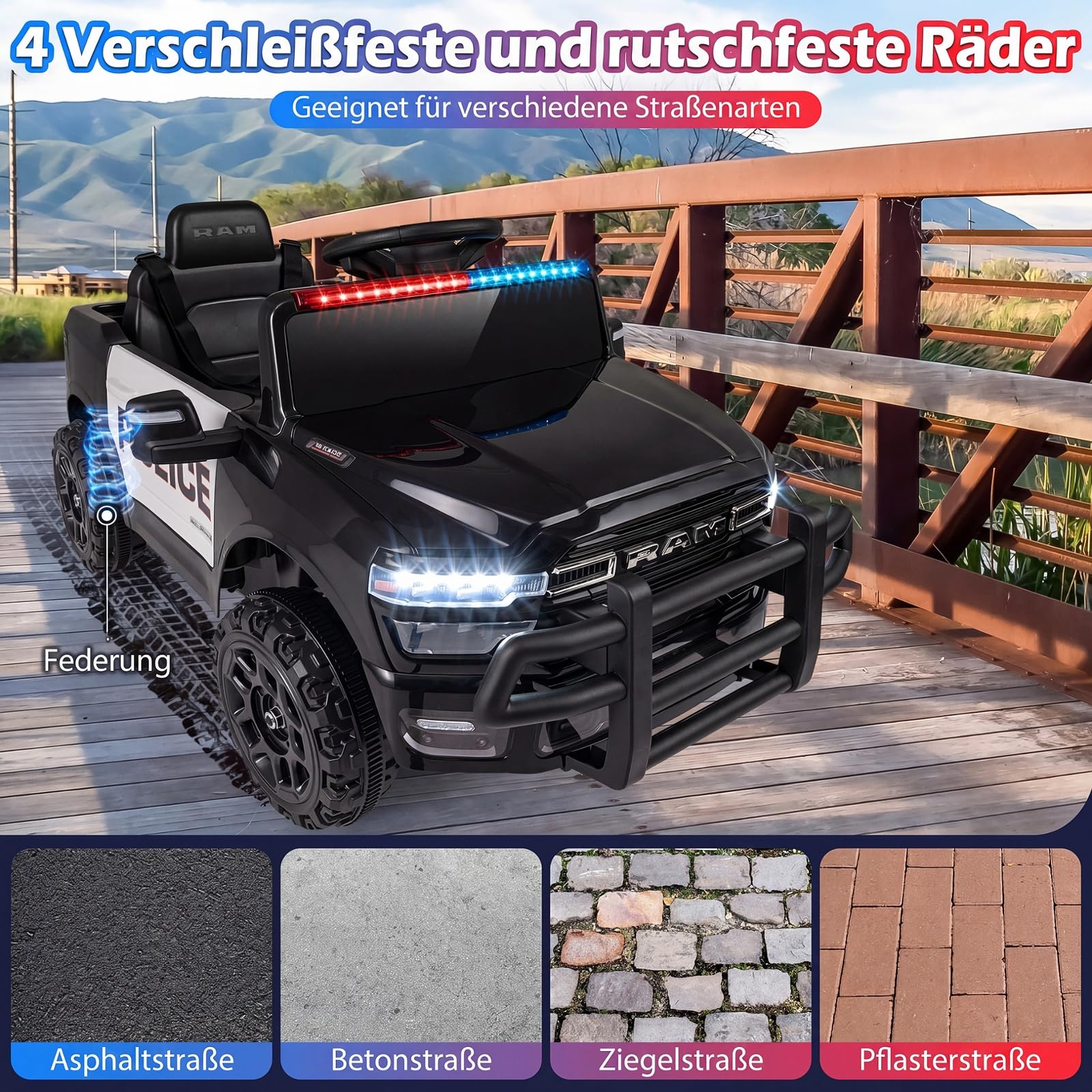 COSTWAY 12 V Kinder Elektroauto, Polizei Kinderauto mit Fernbedienung | Kinderfahrzeug mit Sirene, Blaulicht, Hupe & Sicherheitsgurt, Elektrofahrzeug für Kinder ab 3 Jahren, für drinnen & draußen