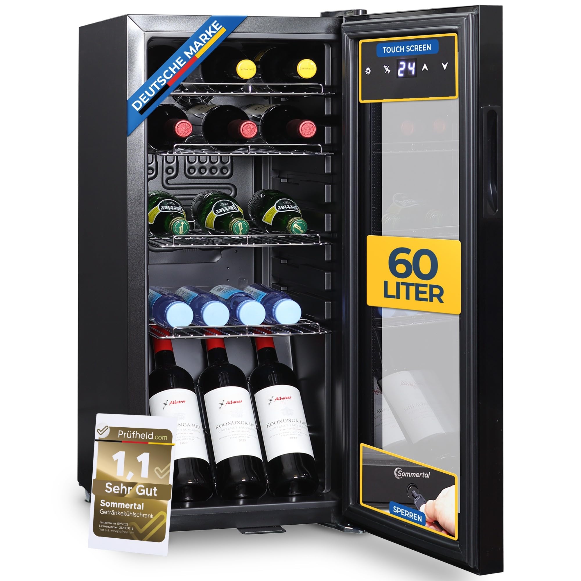 Sommertal Kühlschrank GK60– Leiser Getränkekühlschrank mit LED, Touchscreen & Schloss kleiner Flaschenkühlschrank schwarz 60L