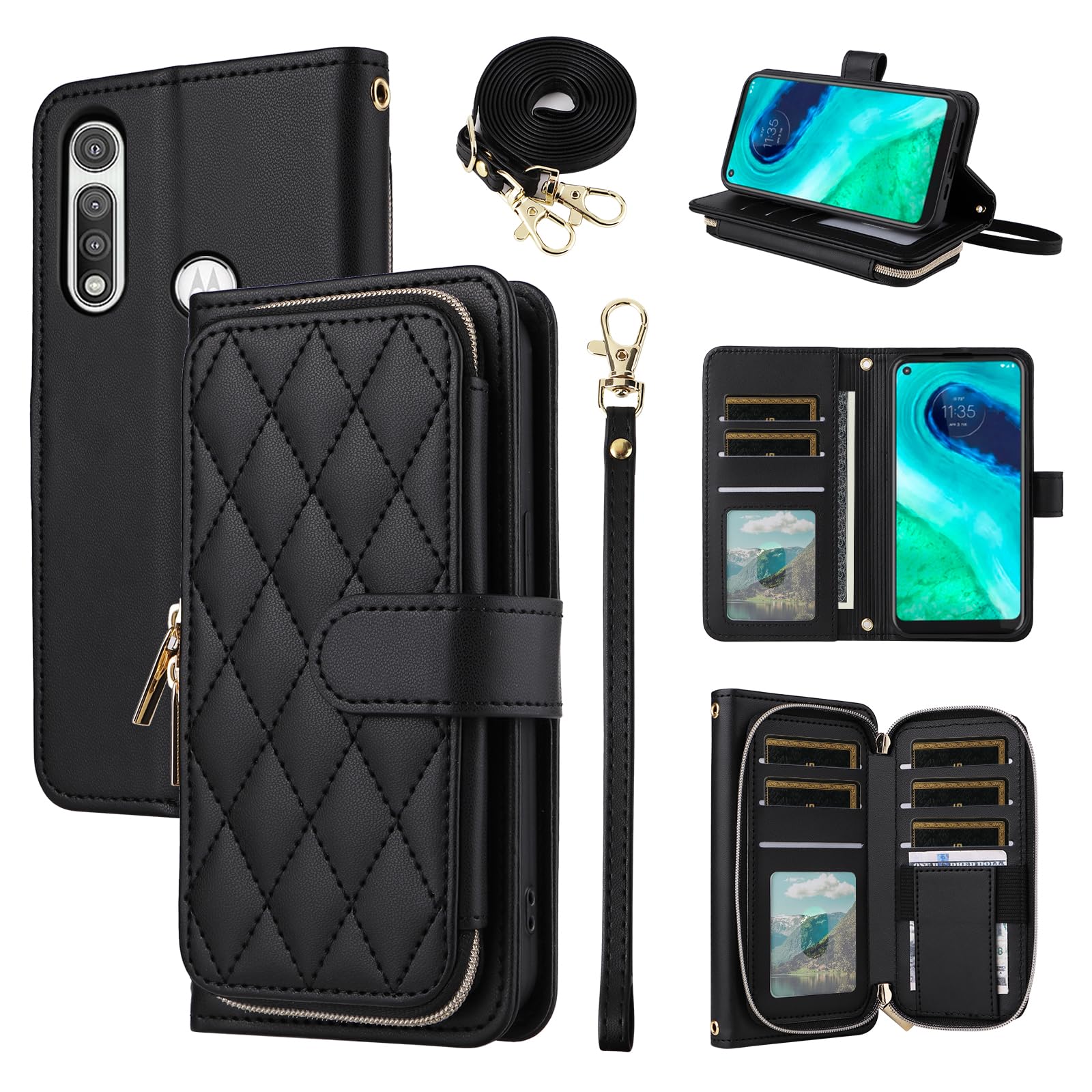 Furiet Argyle Wallet Case for Moto G Fast 2020 with Wrist Strap Shoulder Strap, 9+ Card Slots Zipper Purse Luxury PU Leather Stand Checkered Cell