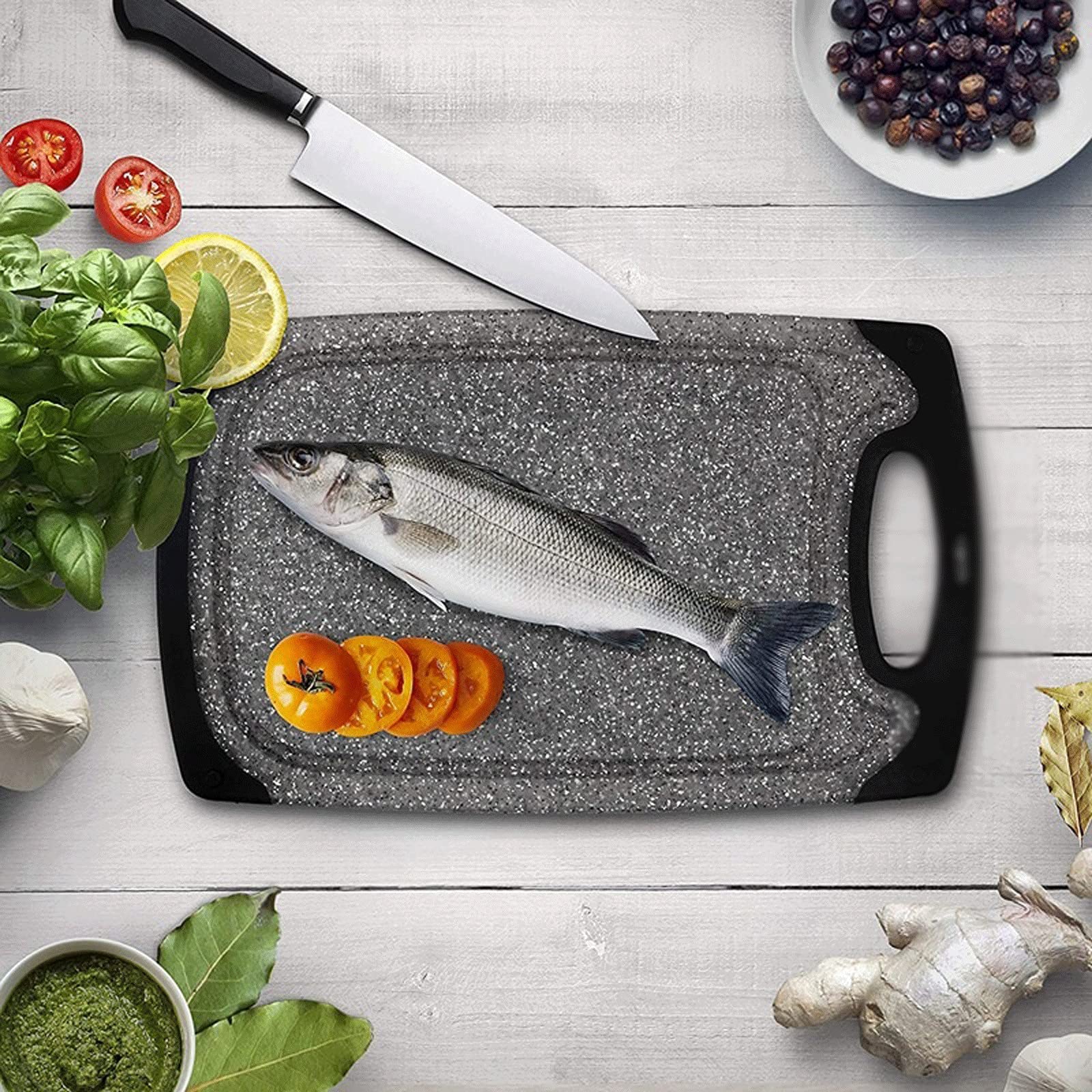 Juego de 3 tablas de cortar reversibles, tabla de cortar de plástico para cocina, diseño antideslizante con mango de fácil agarre, sin BPA