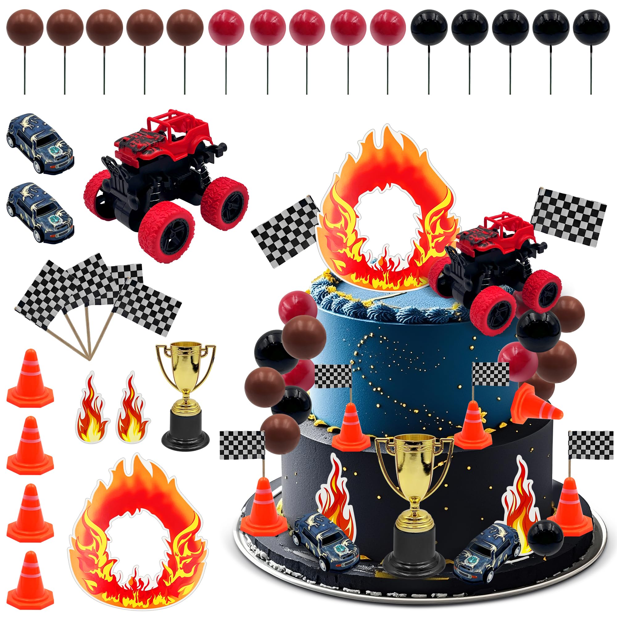 Firleayo Truck Cake Decorations Race Car Themed Cake Toppers Truck Cupcake Toppers Flame Cupcake Topper for Boy Men Birthday Baby Shower Party
