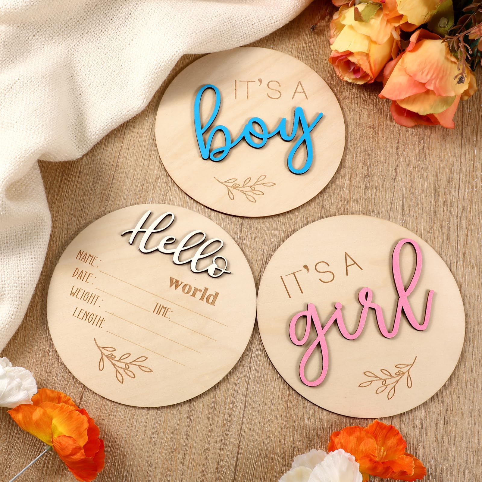 3 Pcs Baby Announcement Sign, Gender Reveal Sign for Baby Birth, Its a Boy & Girl and Hello World Newborn Signs, Wooden Newborn Welcome Board for Hospital, Shower Party, Photo Props