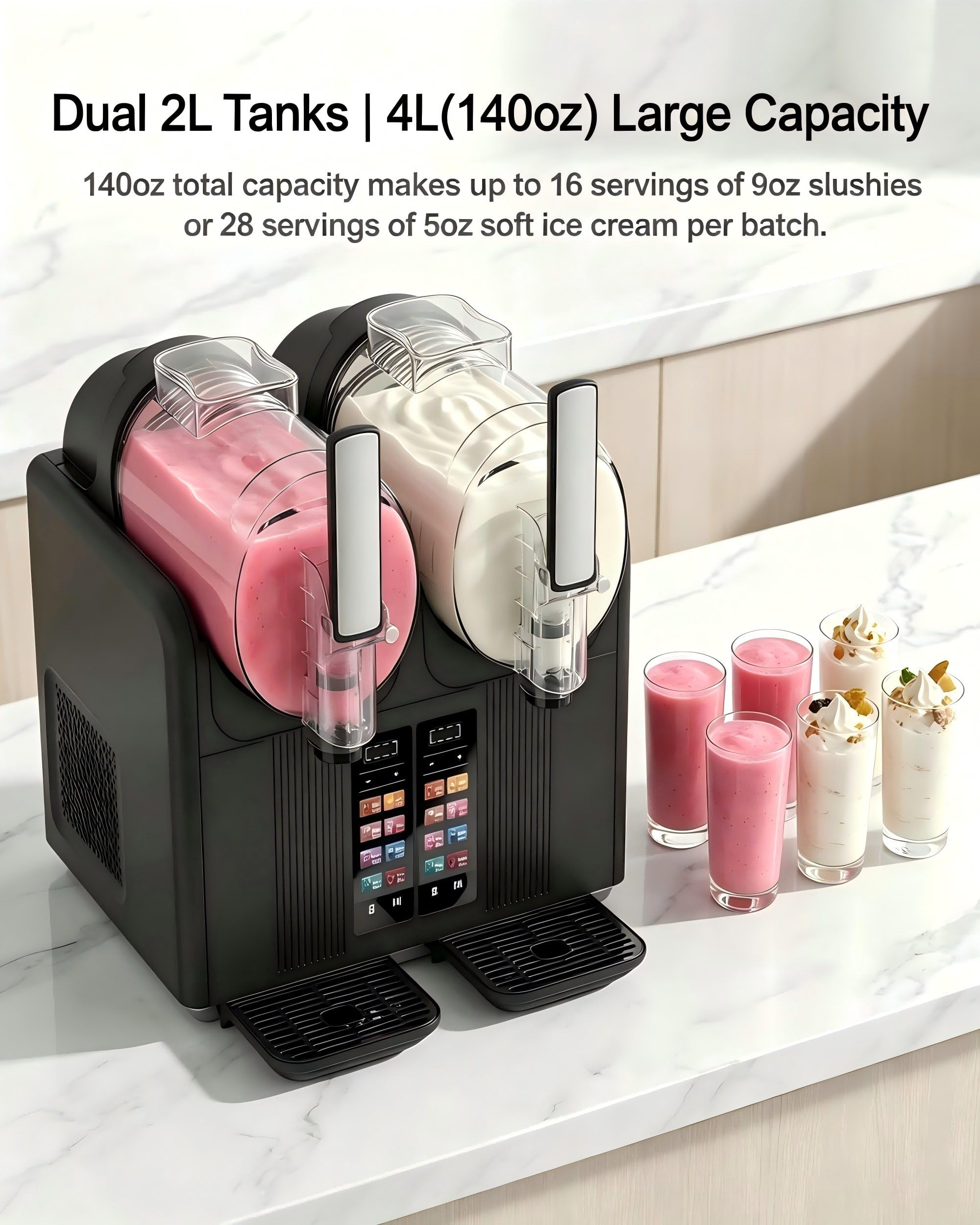 Máquina de Slush y Soft Serve de Doble Tanque – 2x2L, Pantalla Táctil Inteligente,7 Ajustes Preestablecidos, Mezclado 360°,Dureza Ajustable (Cremoso A Crujiente), Limpieza Automática con un Botón