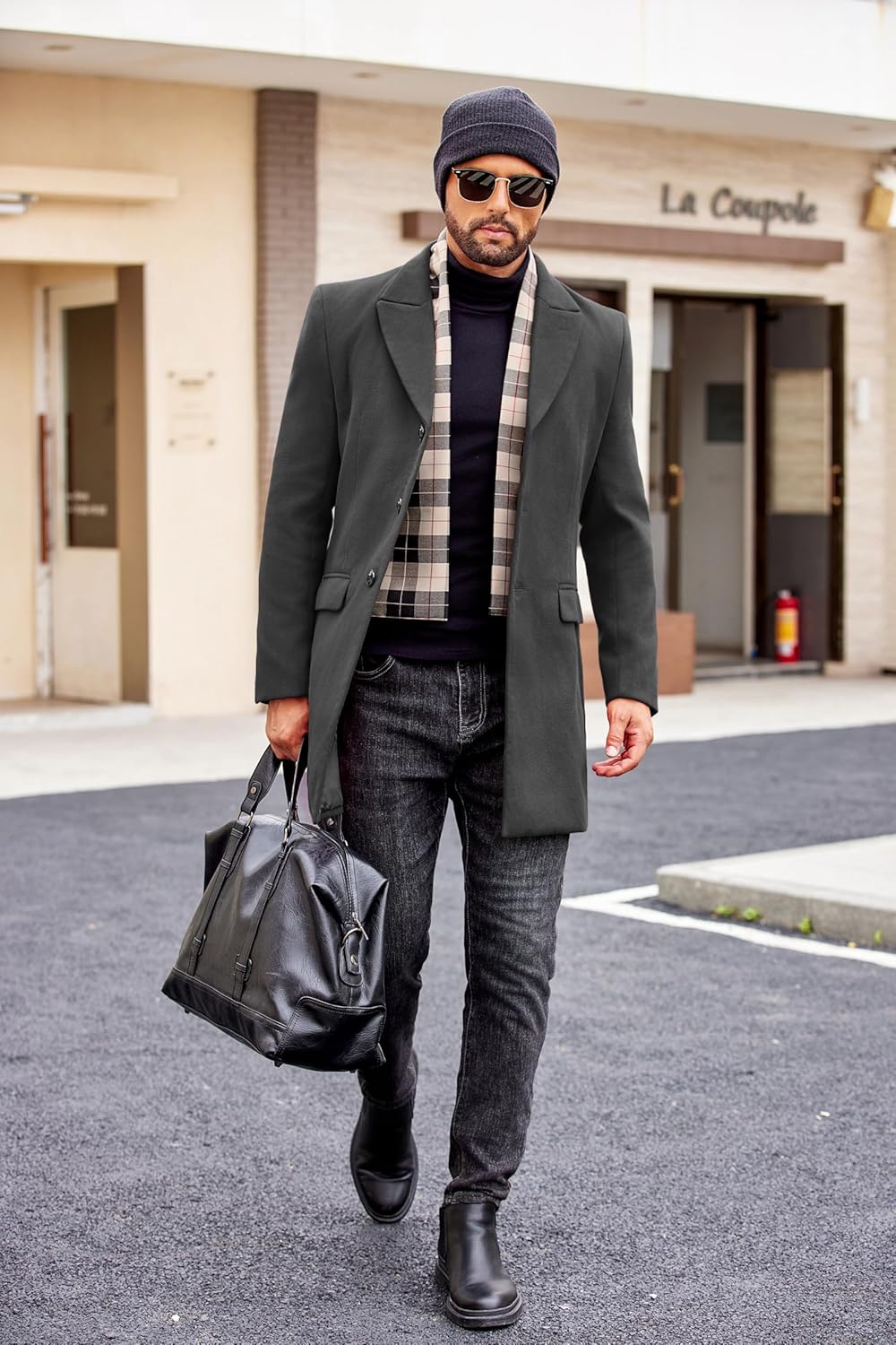 COOFANDY Men's Wool Blend Coat with Detachable Plaid Scarfs Notched Collar Single Breasted Pea Coat Trench Overcoat - Image 4