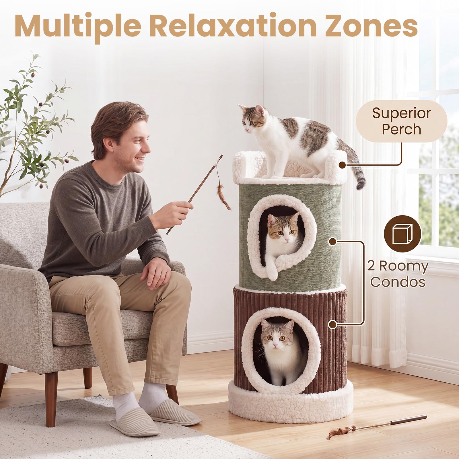 GOPLUS 85 cm Barril Rascador para Gatos de 3 Niveles | Árbol para Gatos con Plataforma Superior, 2 Cuevas, Centro de Actividad Acolchado para Mascotas, Dormitorio, Sala de Estar
