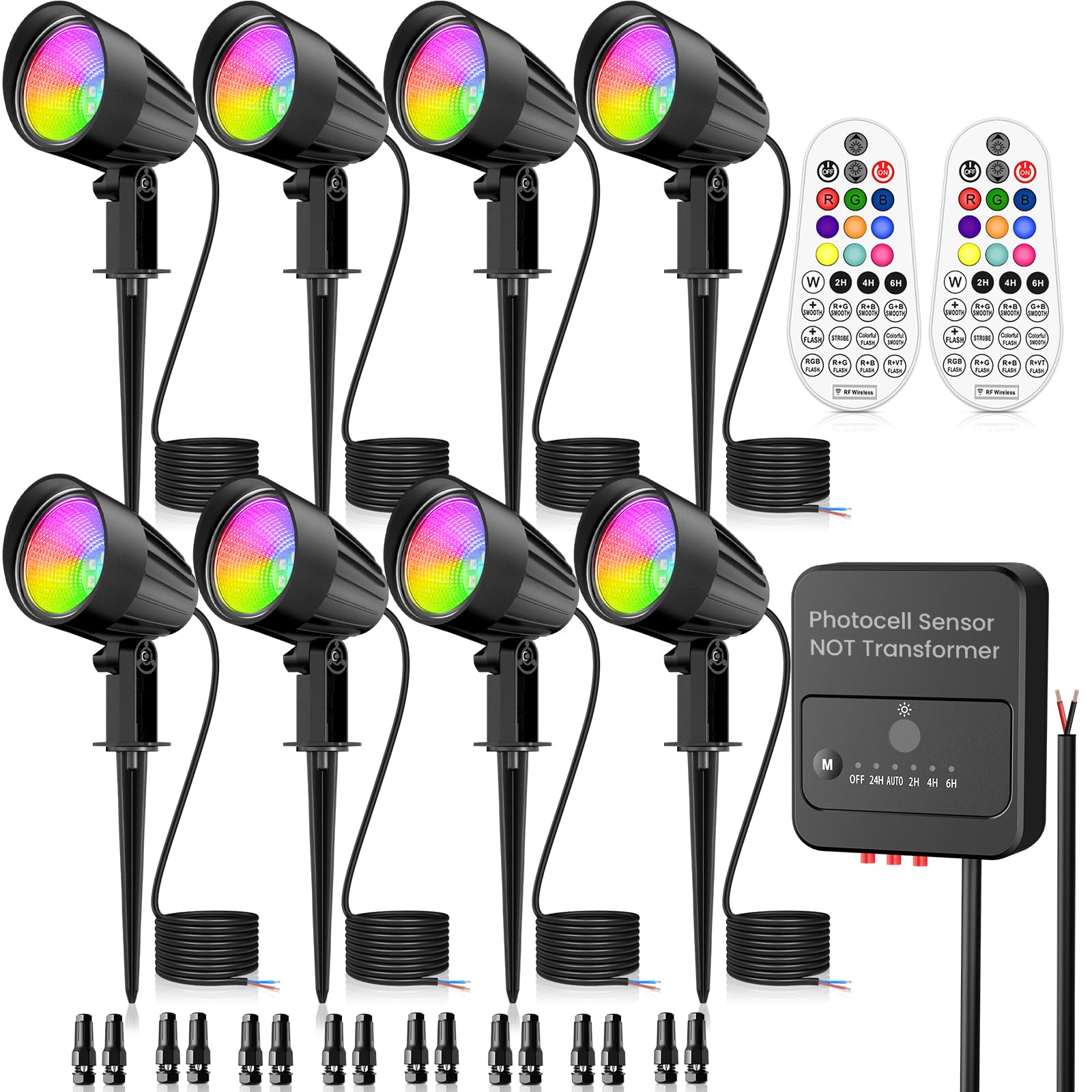 Landscape Lighting Low Voltage RGB Multi-Color LED Outdoor Spotlight Landscape Yard Lawn Light Kit Holidays Decorative Photocell Sensor Color Changing Remote Control for Pathway Garden Tree 15W 8 Pack