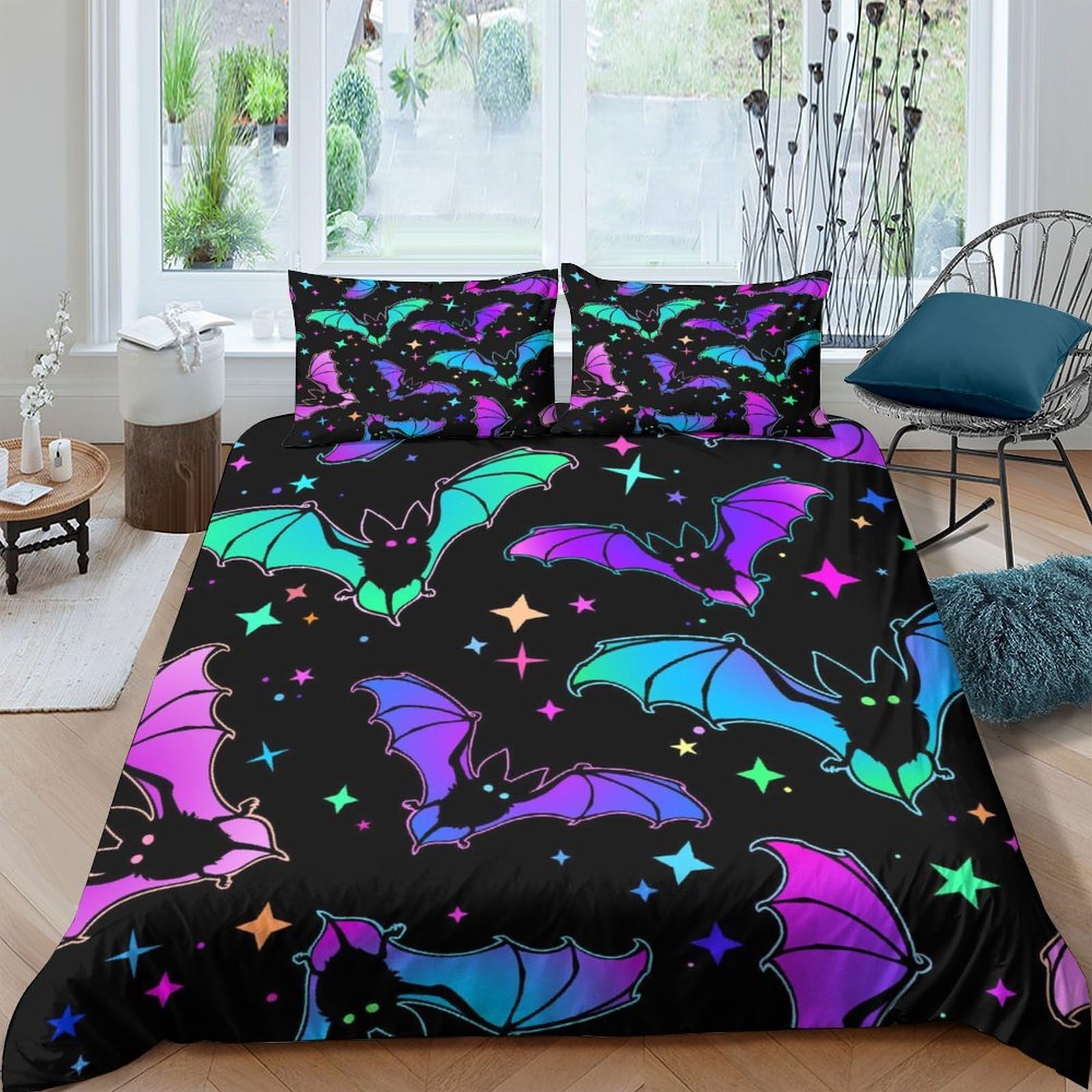 GPLZQXKJNH 3D Printed Neon Bat Duvet Cover Set Microfiber Soft Breathable Gothic Stars Bedding with 2 Pillowcases for Bedroom Single（135x200cm）