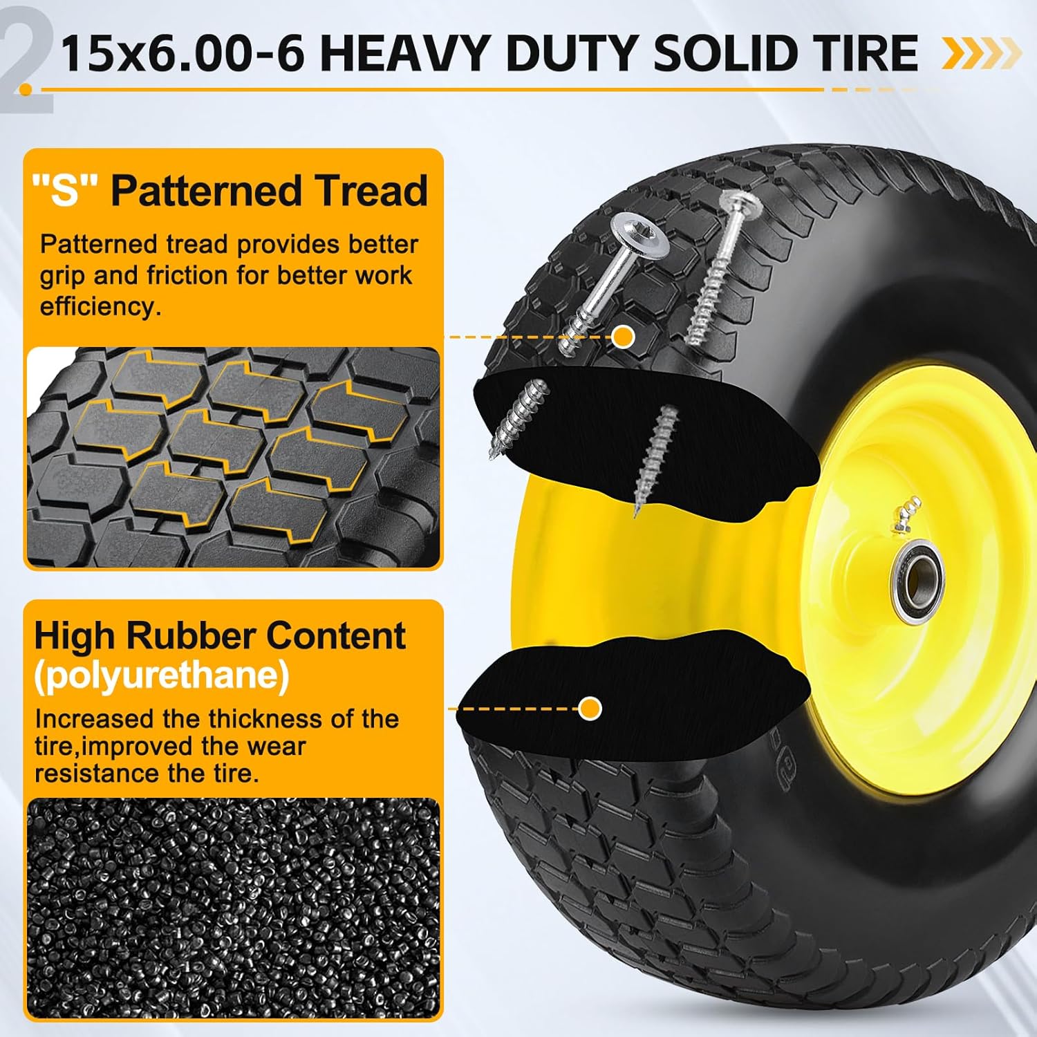 2 Pcs 15x6.00-6nhs Flat Free Lawn Mower Tire and Wheel,15x6-6 Lawn Mower Tire with 3/4" & 5/8" Bearing-1"Bushings,3" Centered Hub,Compatible with John Deere Husqvarna Riding Mowers Lawn Tractors