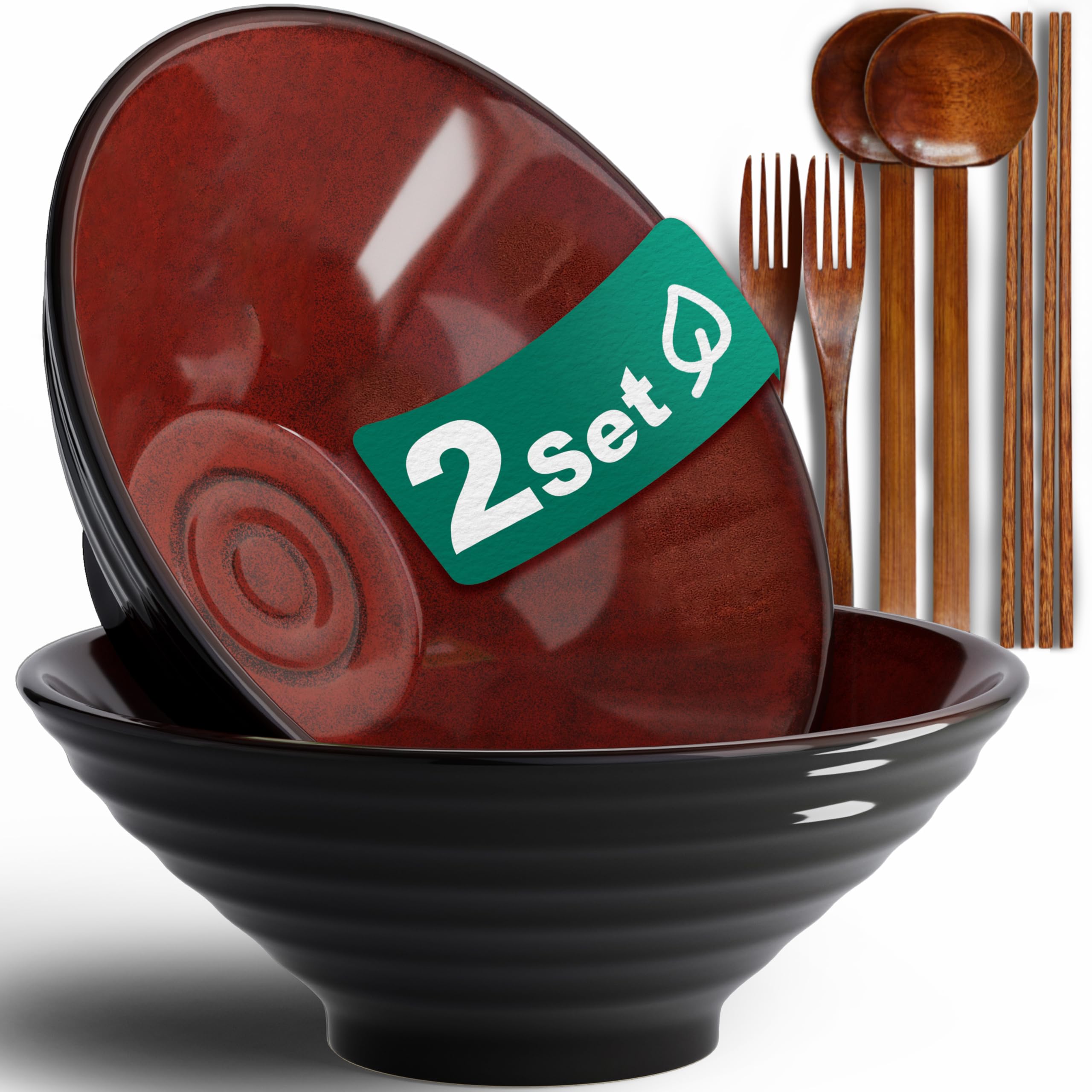 8-Inch 2 Sets Ceramic Ramen Bowl (8 Piece) - Japanese Porcelain Dishwasher Microwave Safe Salad Noodles Cereal Pasta Soup Large Bowls with Chopsticks Forks Spoons for Men Women Housewarming Gift