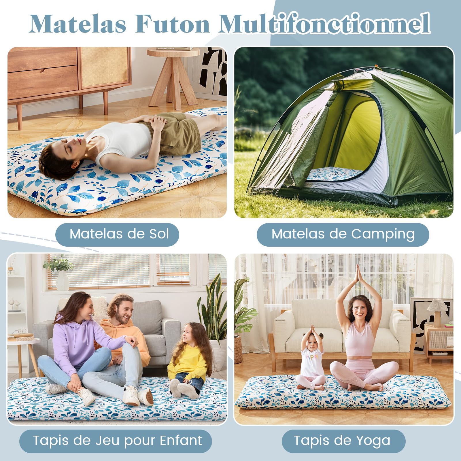 COSTWAY Matelas Futon Portable Pliable, Matelas Futon Japonais 90 x 200 cm, Housse Lavable, Matelas de Sol avec Sac de Transport, pour Le Camping, Les Voyages, d'Invités, Feuilles Bleu