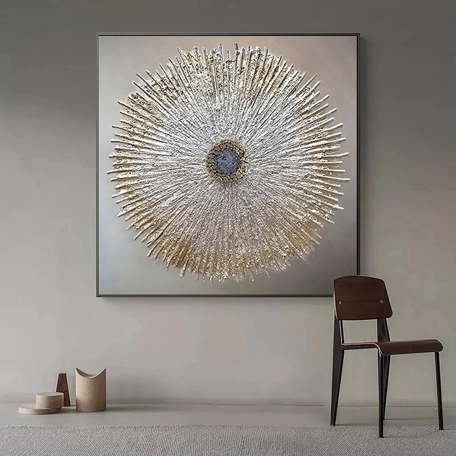 Rumlly Modern Abstract Round Circle Line Silver Golden Flower Home Wall Art Textured Poster Canvas Print Painting for Living Room 80x80cm Frameless