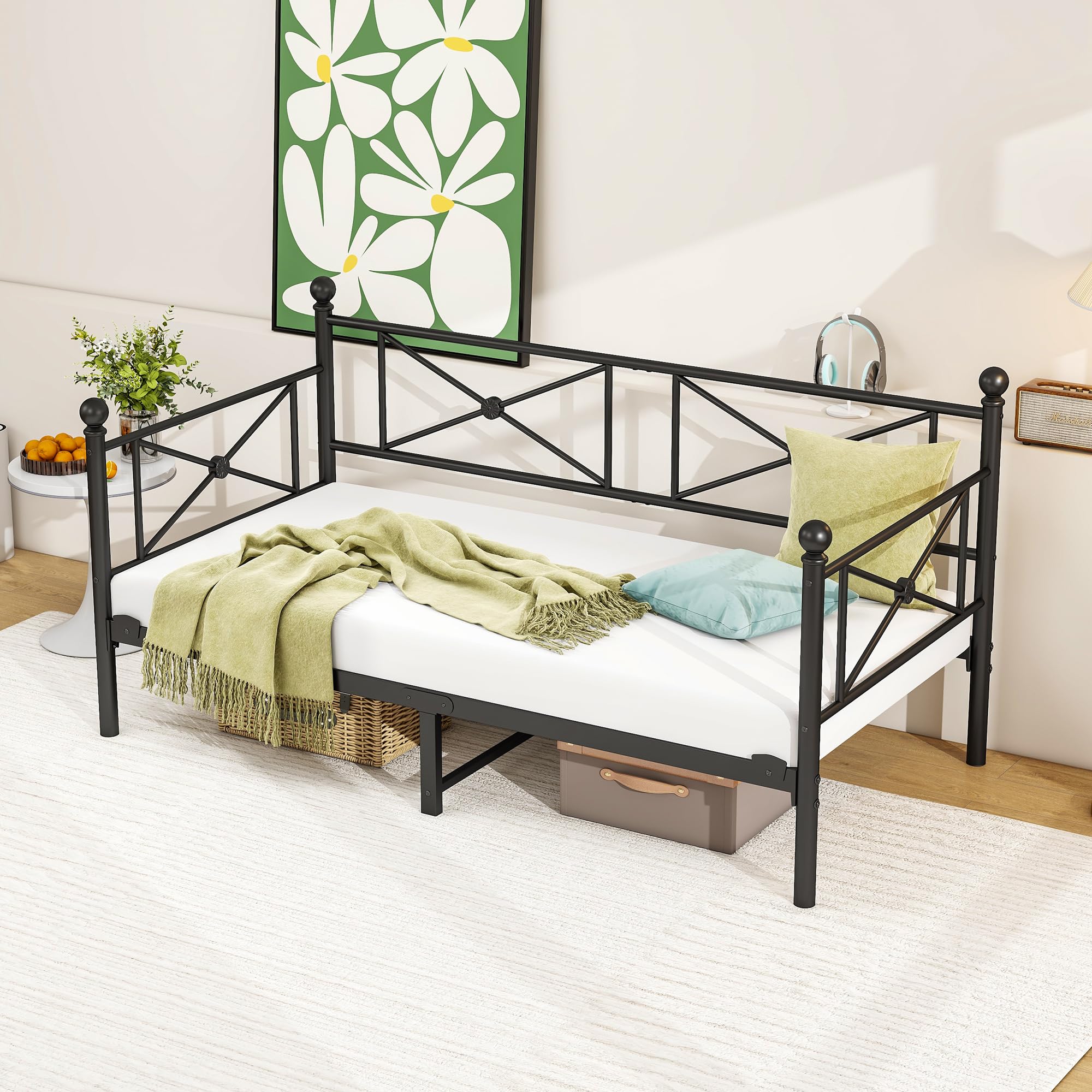 Tagesbett Metallbett 90x200 cm, Einzel Bettsofa mit Kopfteil & Lattenrost, Jugendbett Schweres Metall-Lattenrost zur Matratzenunterstützung, Tagesbett für Wohnzimmer & Schlafzimmer, Schwarz