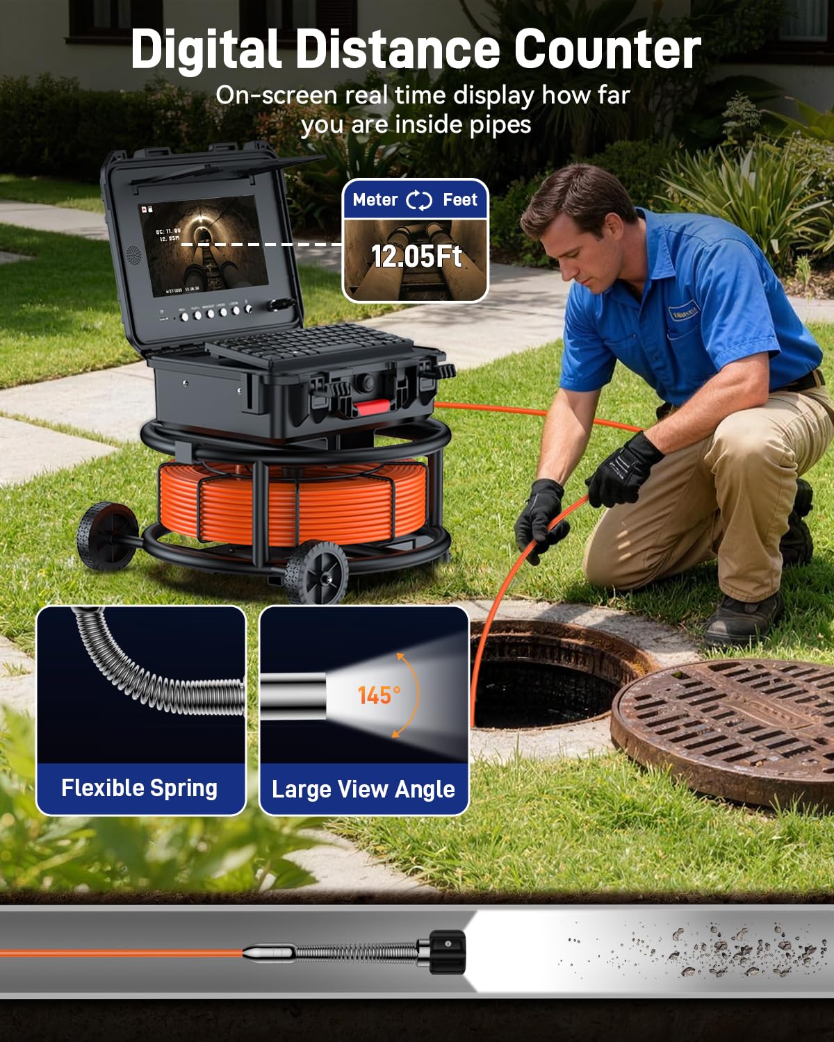 10" Sewer Camera with Locator & Wheels, Self Leveling Plumbing Camera & Distance Counter & 5X Zoom - 145° Pipe Inspection Camera with Lights, 1080P IPS Screen & DVR 32GB(5MM-164Ft/50M)