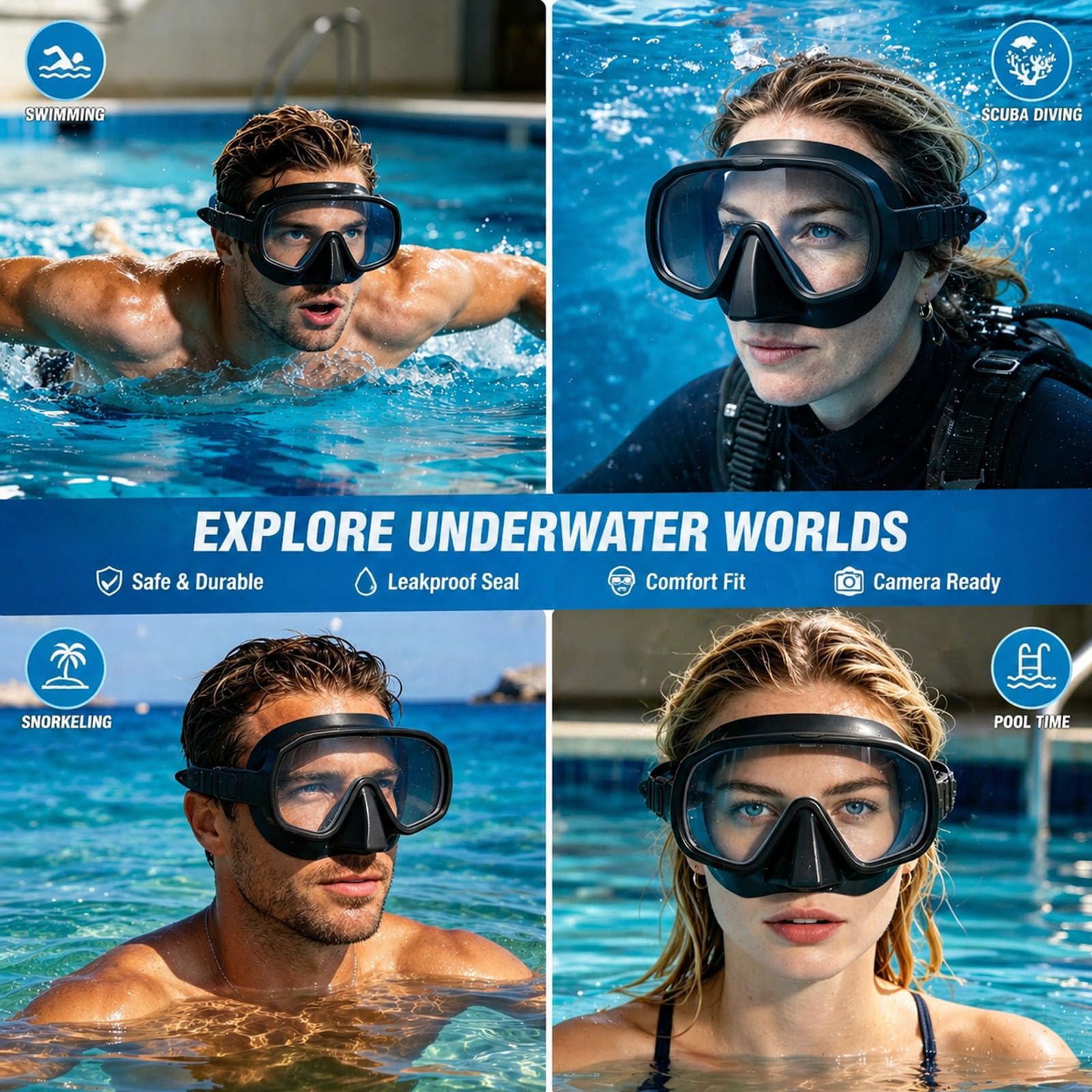 Set Snorkeling Per Adulti,Maschera Senza Cornice Con Vista Panoramica,Lente In Vetro Temperato Antiappannante,Boccaglio Asciutto Pieghevole, Attrezzatura Da Viaggio Portatile Con Borsa