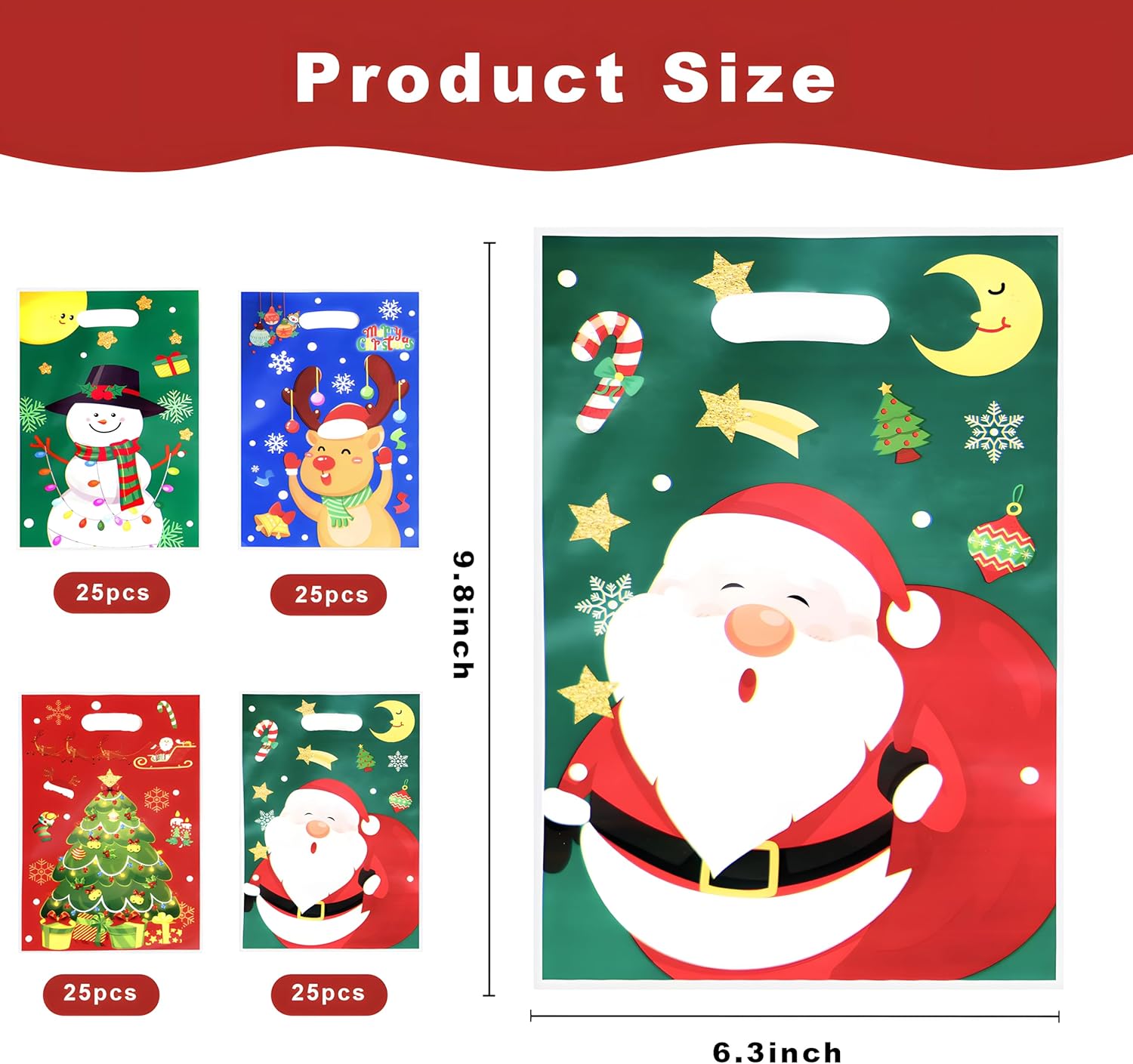 iefoah 100Pcs Christmas Treat Bags Christmas Candy Goodies Snacks Bags Bulk Plastic Gift Bags 6.5'' x 9.8'' Party Favor Bag - Image 2