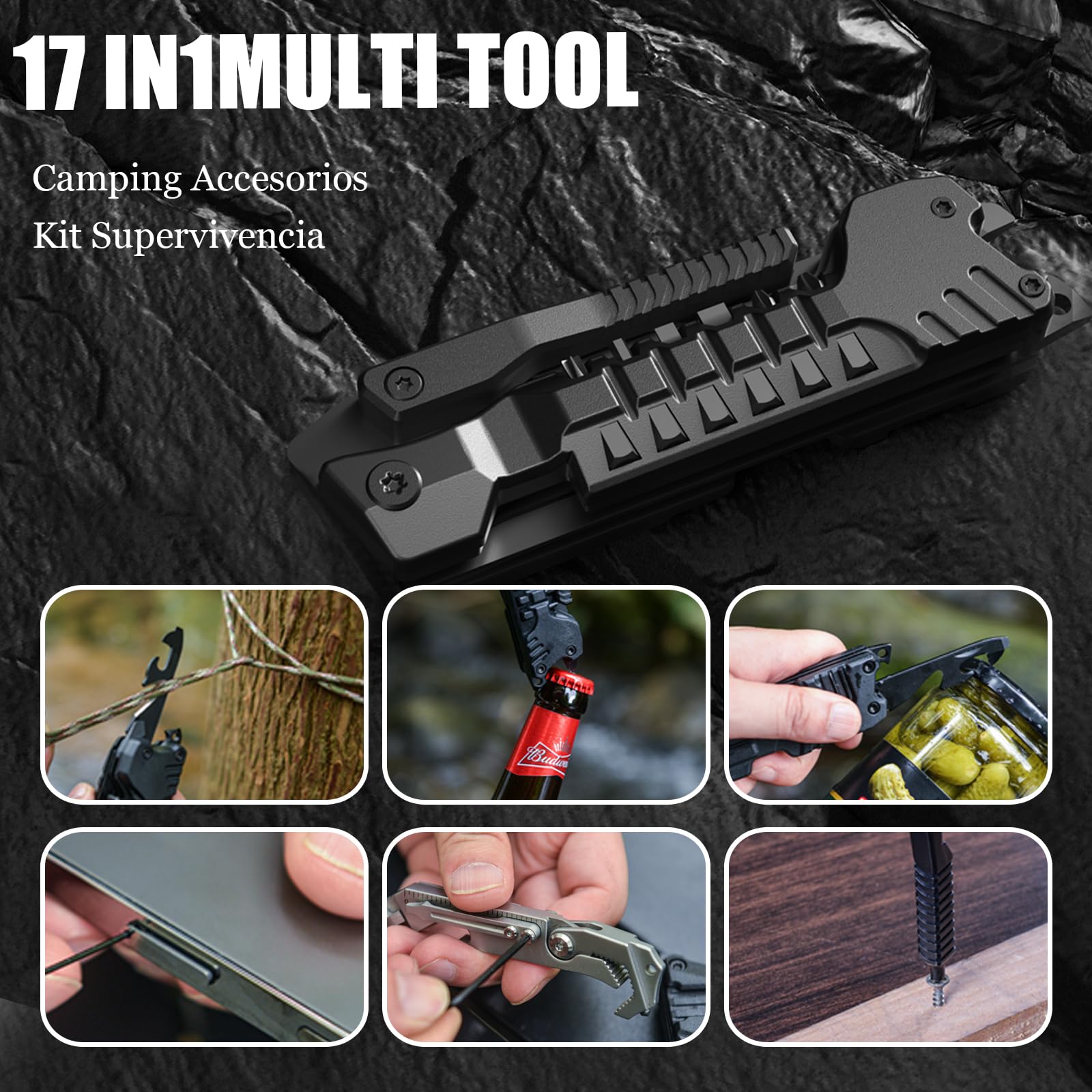 Navaja Multiusos 17en1 Herramientas Multiusos Cuchillo con Palillos para Encender Fuego, Abrelatas, Sierra, Silbato, Regalos para Hombres Mujer Papa