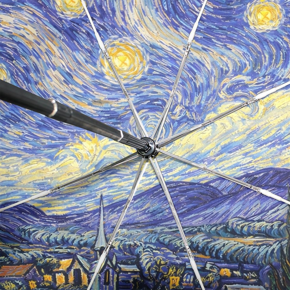 Schwarzer Regenschirm-Gemälde, Kunstwerk, Van Gogh's Sternennacht, UV-Sonnenschirm, elegant, umgekehrt, 3-fach faltbar, stabiler Regenschirm für Geschäft und Privatpersonen