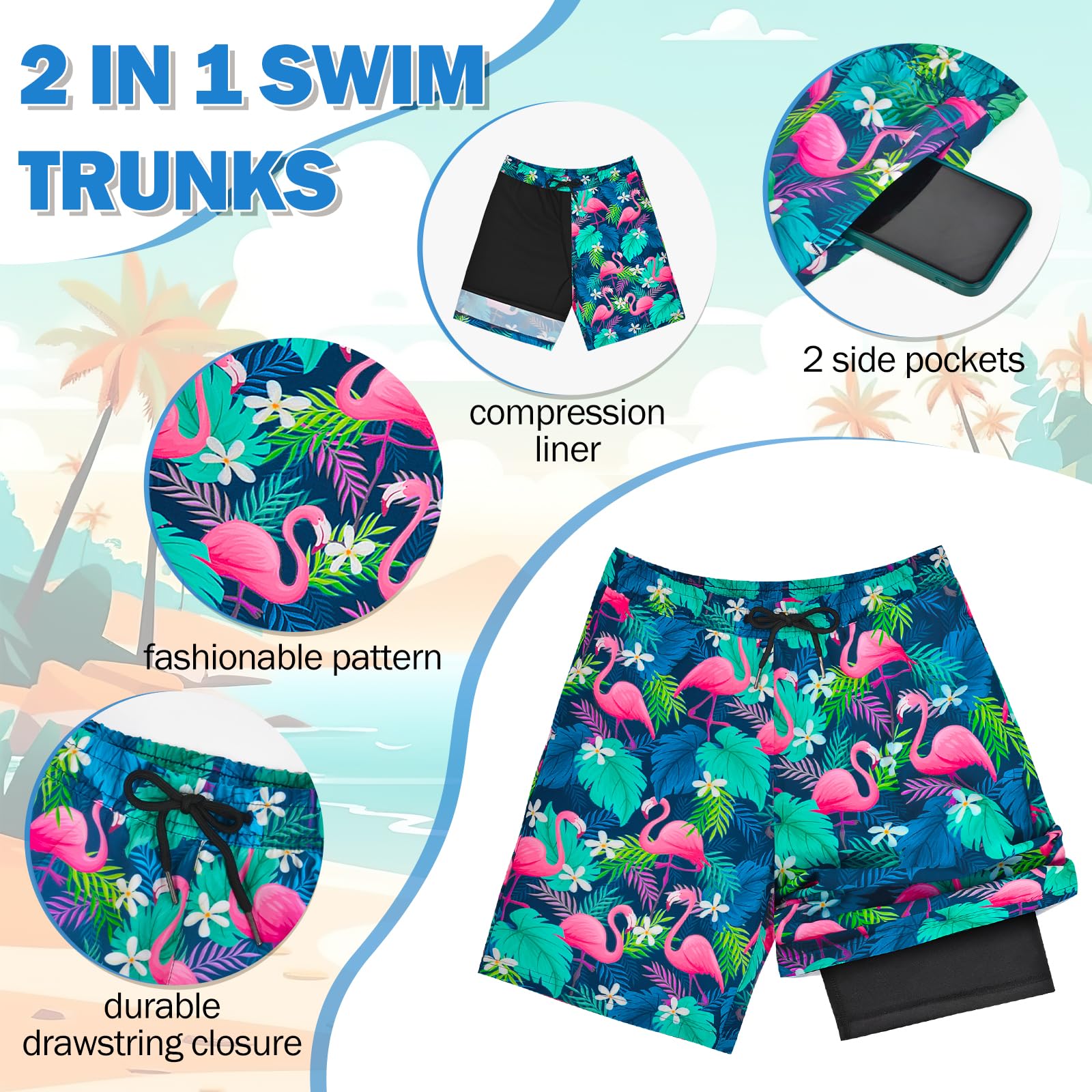 MaciRept Traje de baño para niños, adolescentes, niños, con forro de compresión, pantalones cortos para niños, talla 7-16